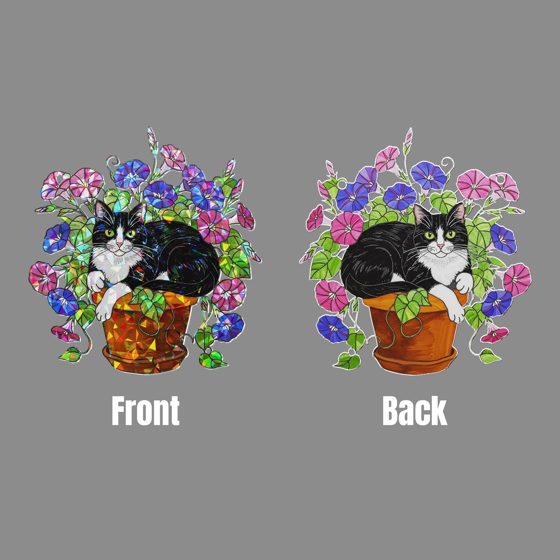 Tuxedo Cat Glory Flower Acrylic Hologram Window Hanging, Cat Lover Gift, Floral Pet Memorial Decor, Cute Cat Sun Catcher,Tuxedo Cat Mom Gift