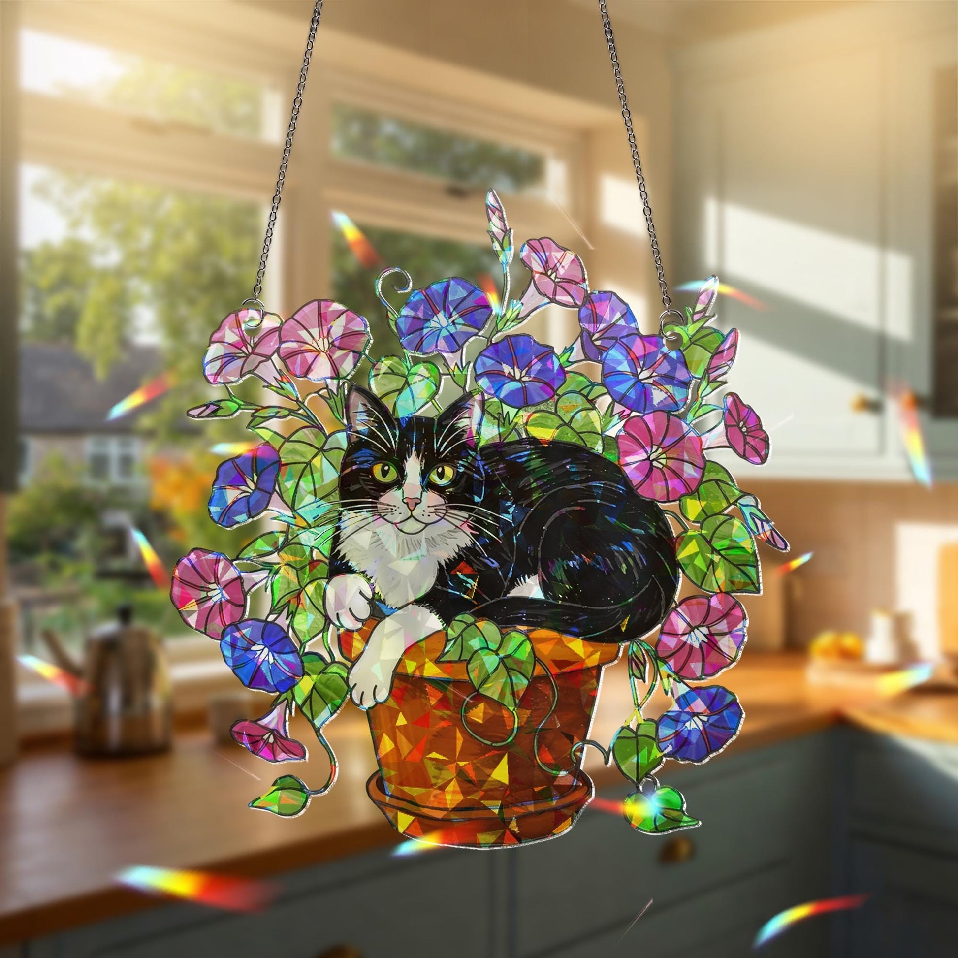 Tuxedo Cat Glory Flower Acrylic Hologram Window Hanging, Cat Lover Gift, Floral Pet Memorial Decor, Cute Cat Sun Catcher,Tuxedo Cat Mom Gift