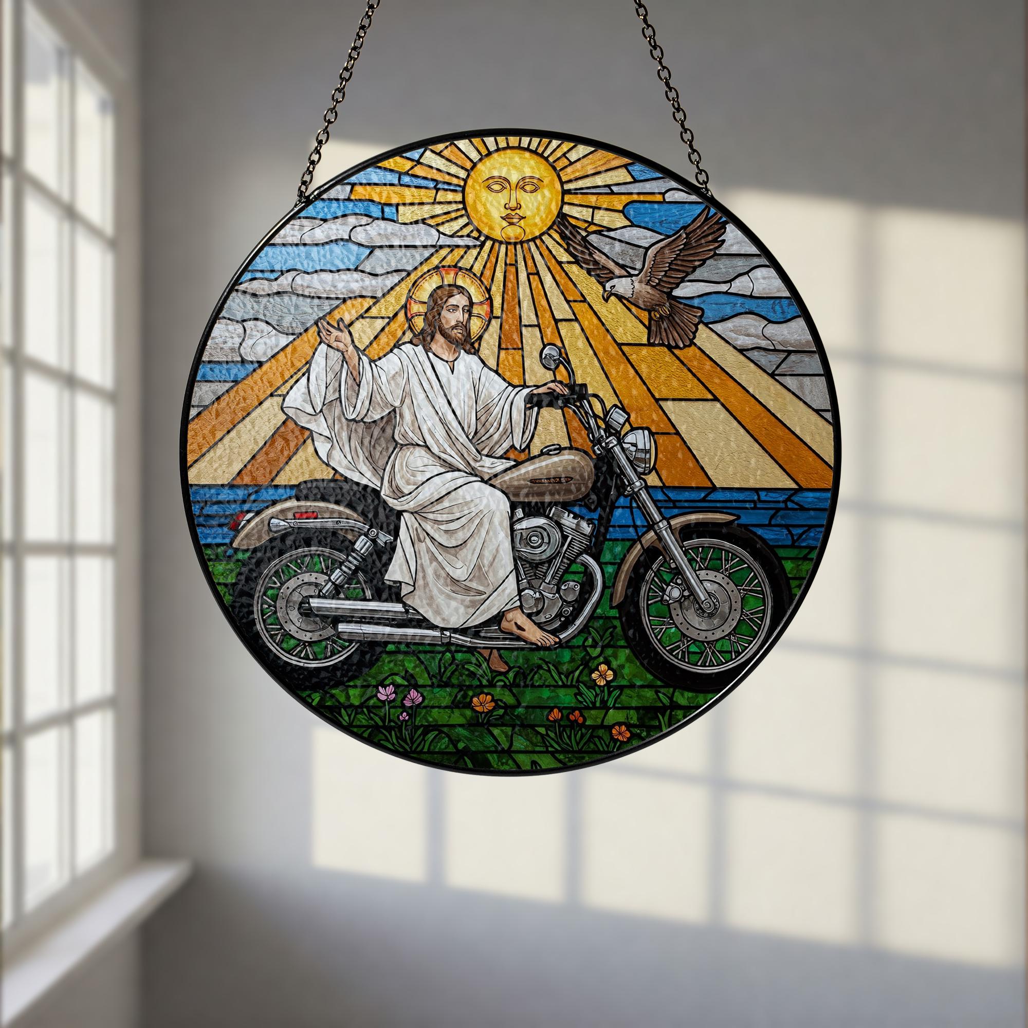 Jesus on Motorcycle Glass Suncatcher – Christian Biker Art, Spiritual Window Decor, Funny Religious Gift for Motorcycle Fans, Gift For Dad
