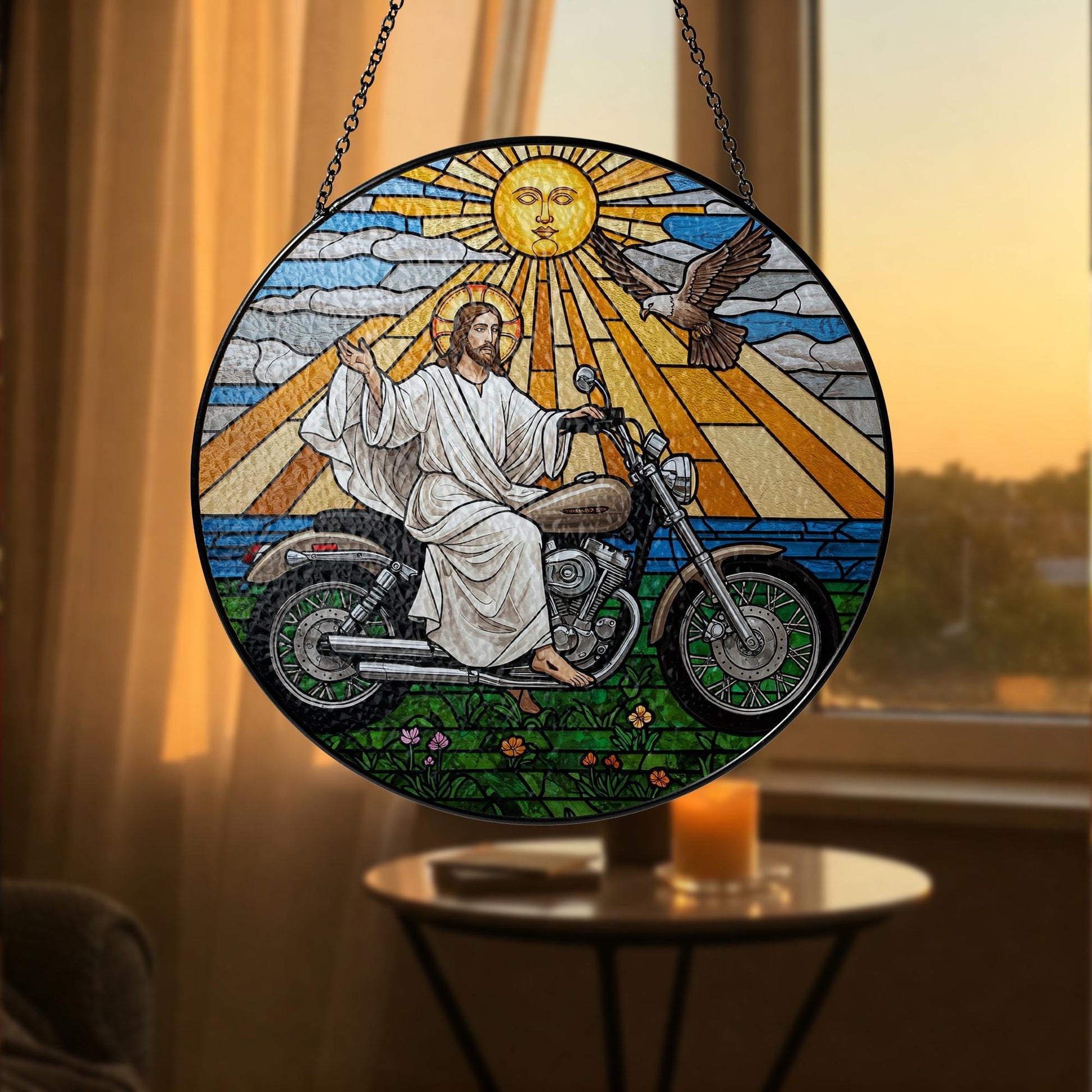 Jesus on Motorcycle Glass Suncatcher – Christian Biker Art, Spiritual Window Decor, Funny Religious Gift for Motorcycle Fans, Gift For Dad