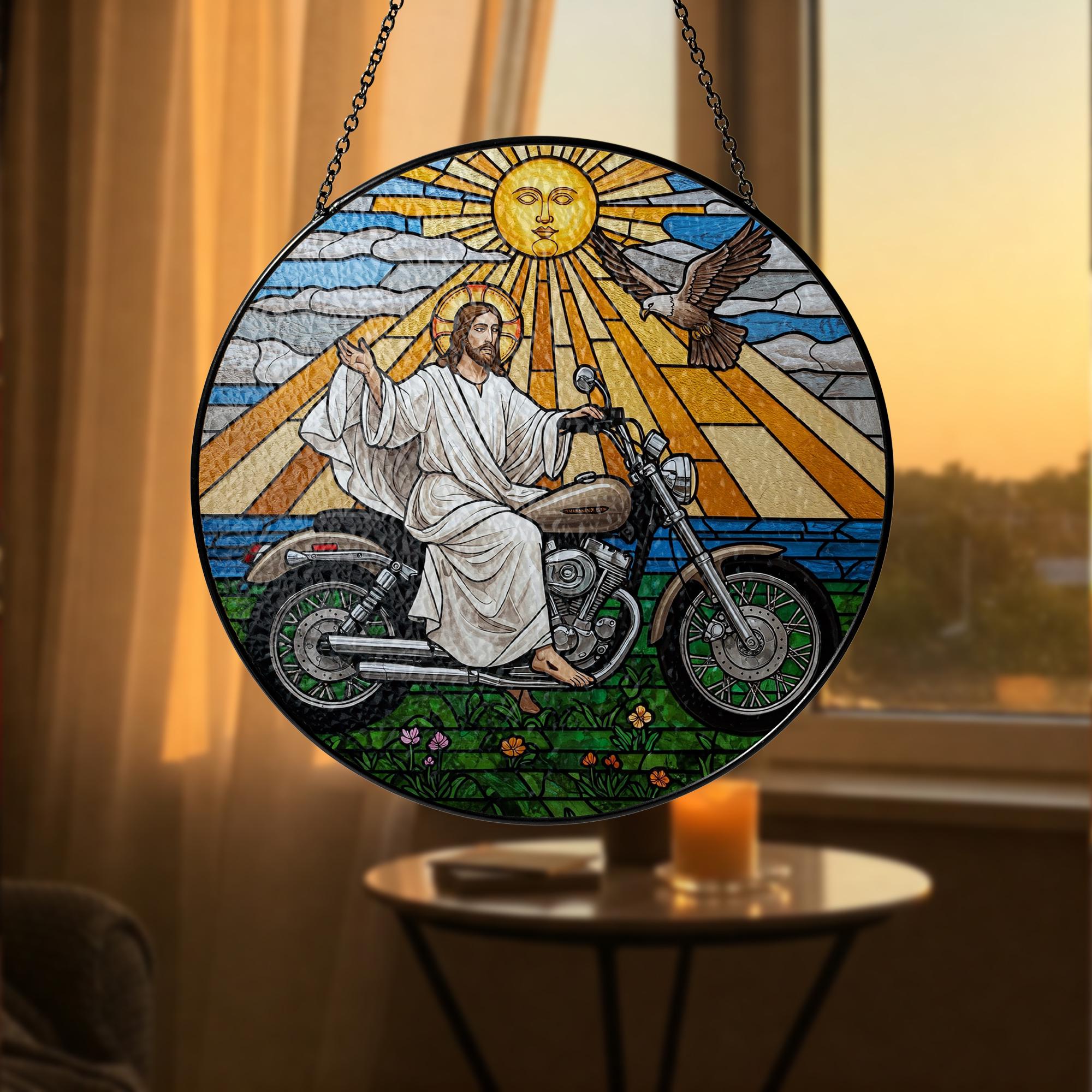 Jesus on Motorcycle Glass Suncatcher – Christian Biker Art, Spiritual Window Decor, Funny Religious Gift for Motorcycle Fans, Gift For Dad