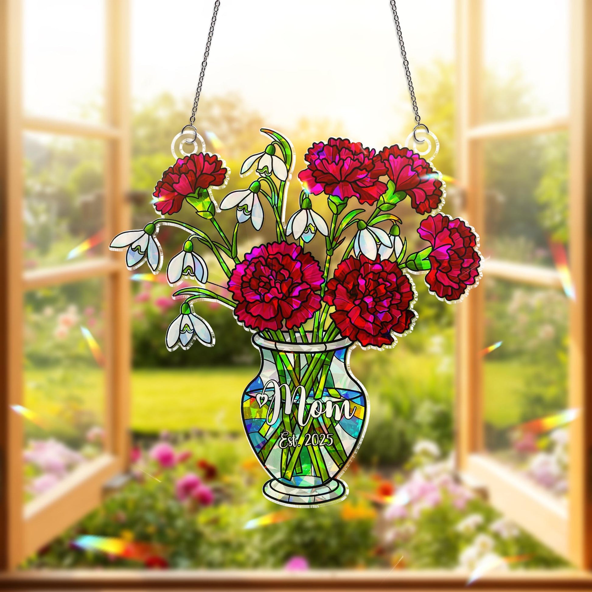 Personalized Mom Gift Snowdrop and Carnation Basket hologram Acrylic Window Hanging Ornament, January Birth Flower Ornament,2025 Custom Gift
