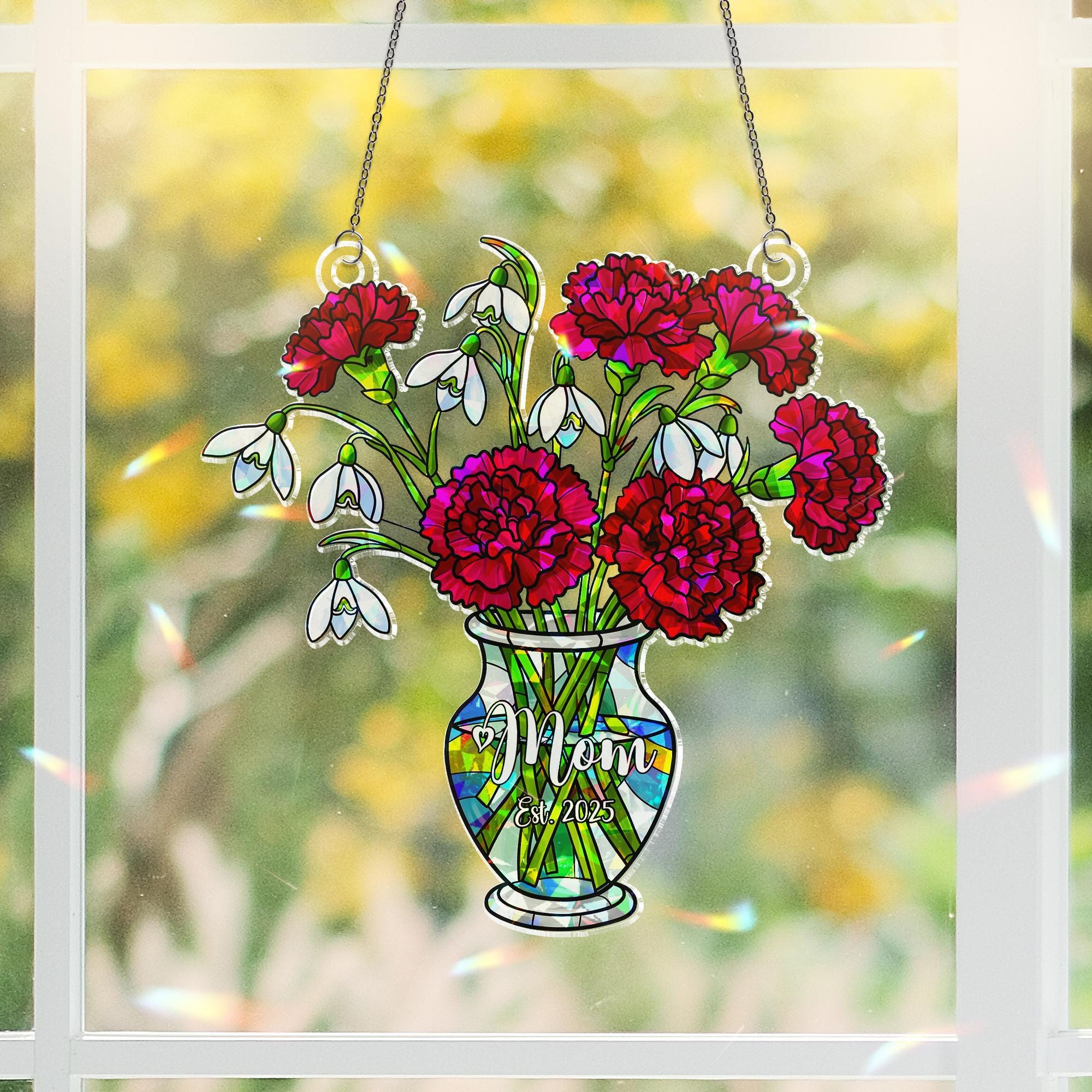 Personalized Mom Gift Snowdrop and Carnation Basket hologram Acrylic Window Hanging Ornament, January Birth Flower Ornament,2025 Custom Gift