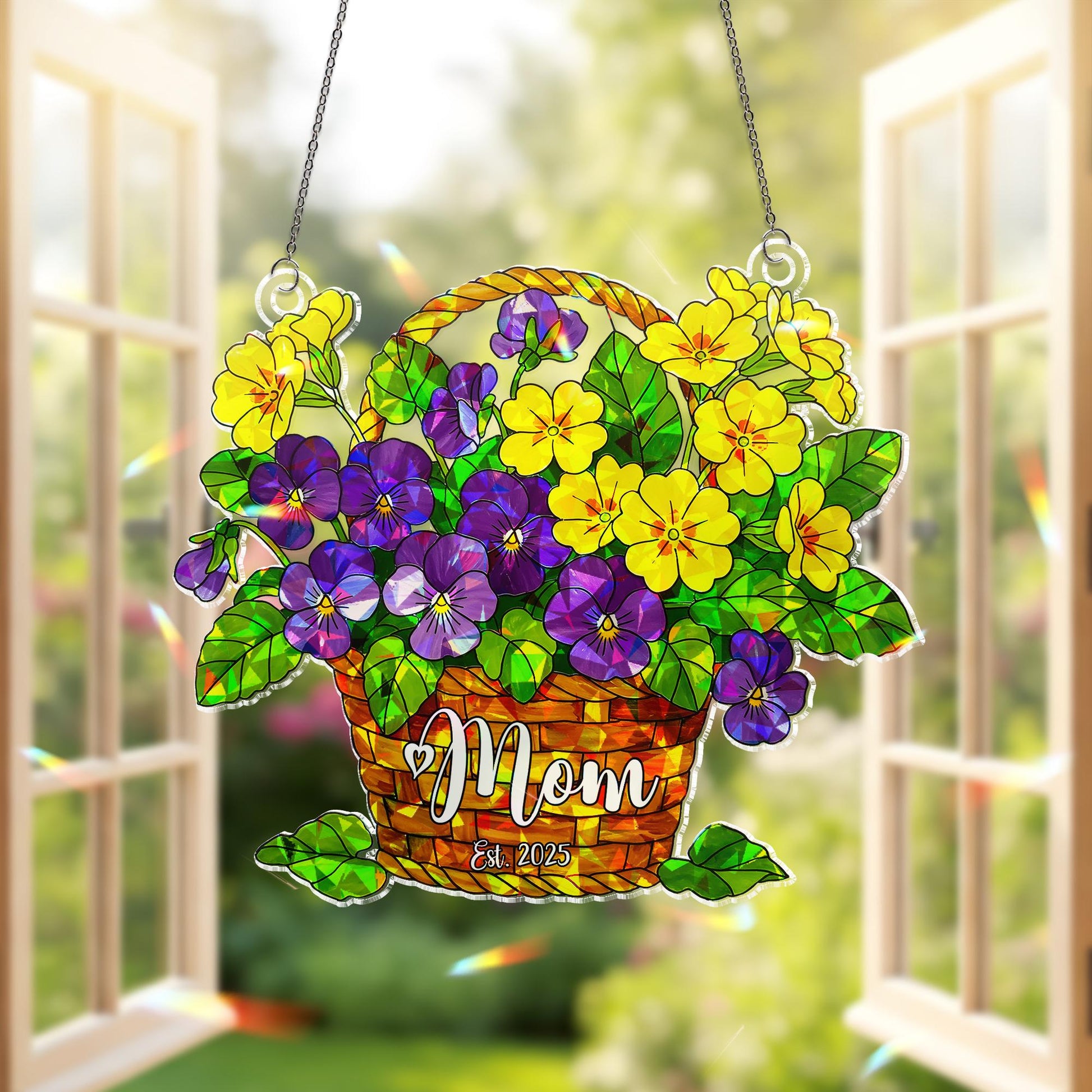 Personalized Violet Primrose Mom Est 2025 Hologram Acrylic Window Hanging Ornament, March Birth Flower Basket, New Mom Mothers Day Gift
