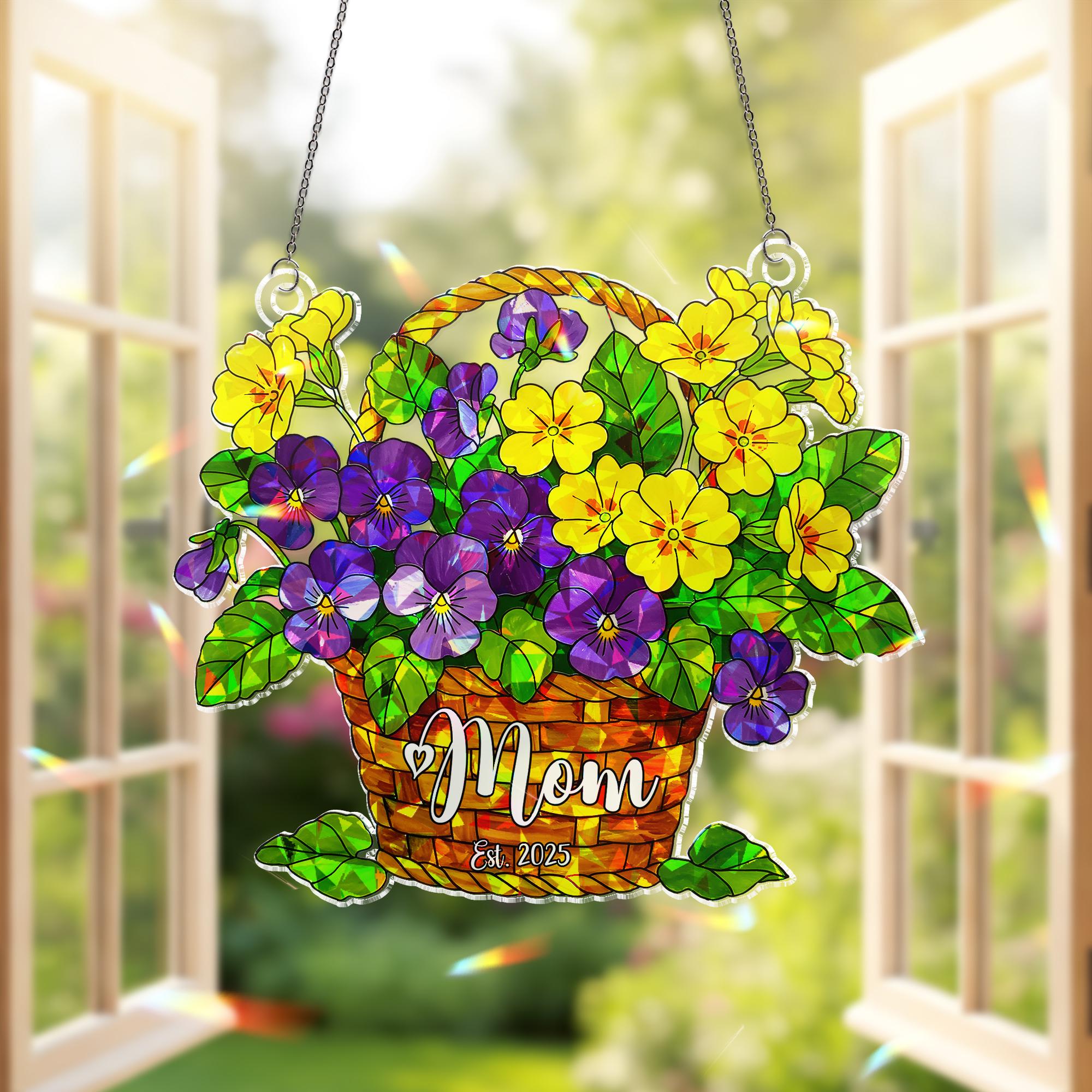 Personalized Violet Primrose Mom Est 2025 Hologram Acrylic Window Hanging Ornament, March Birth Flower Basket, New Mom Mothers Day Gift