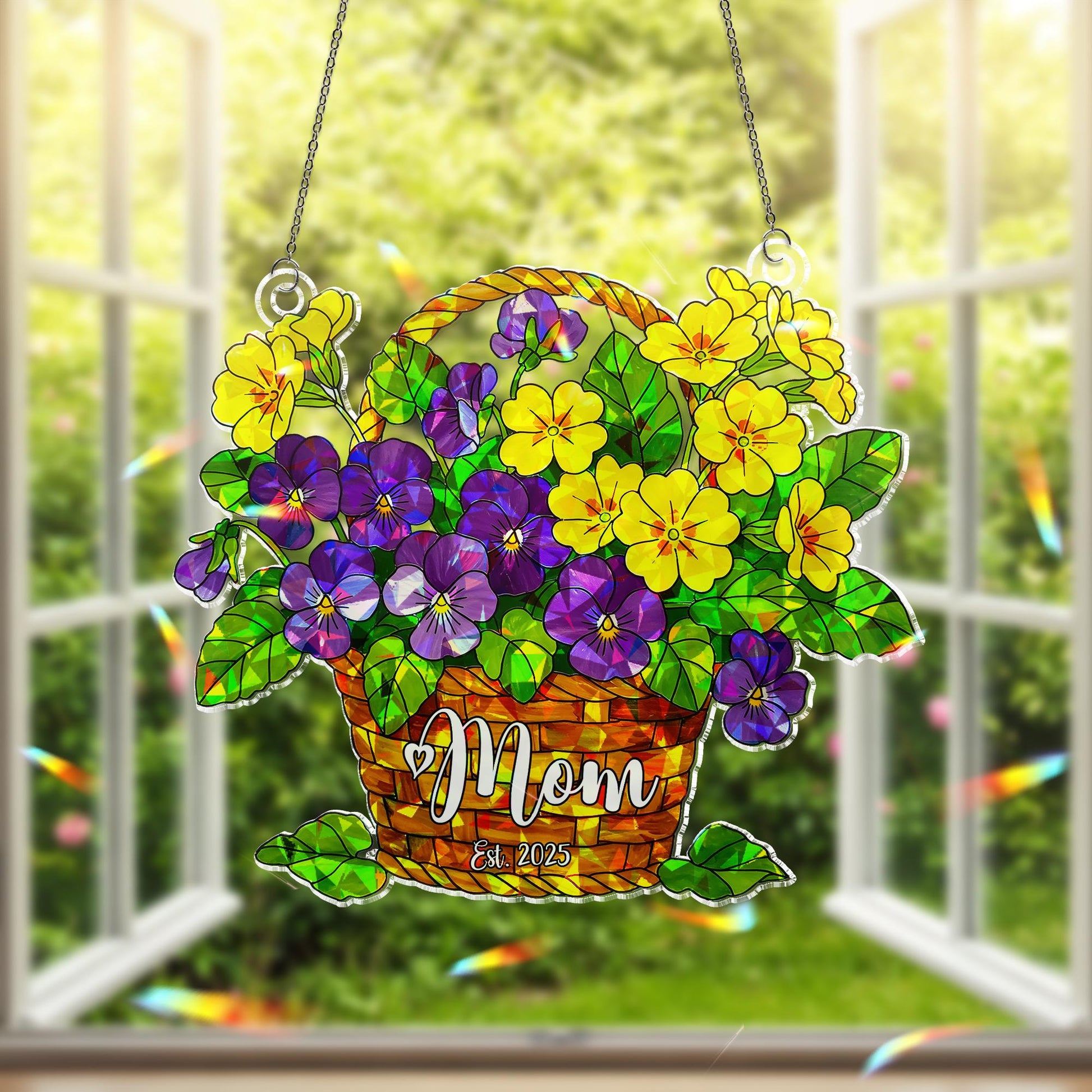 Personalized Violet Primrose Mom Est 2025 Hologram Acrylic Window Hanging Ornament, March Birth Flower Basket, New Mom Mothers Day Gift