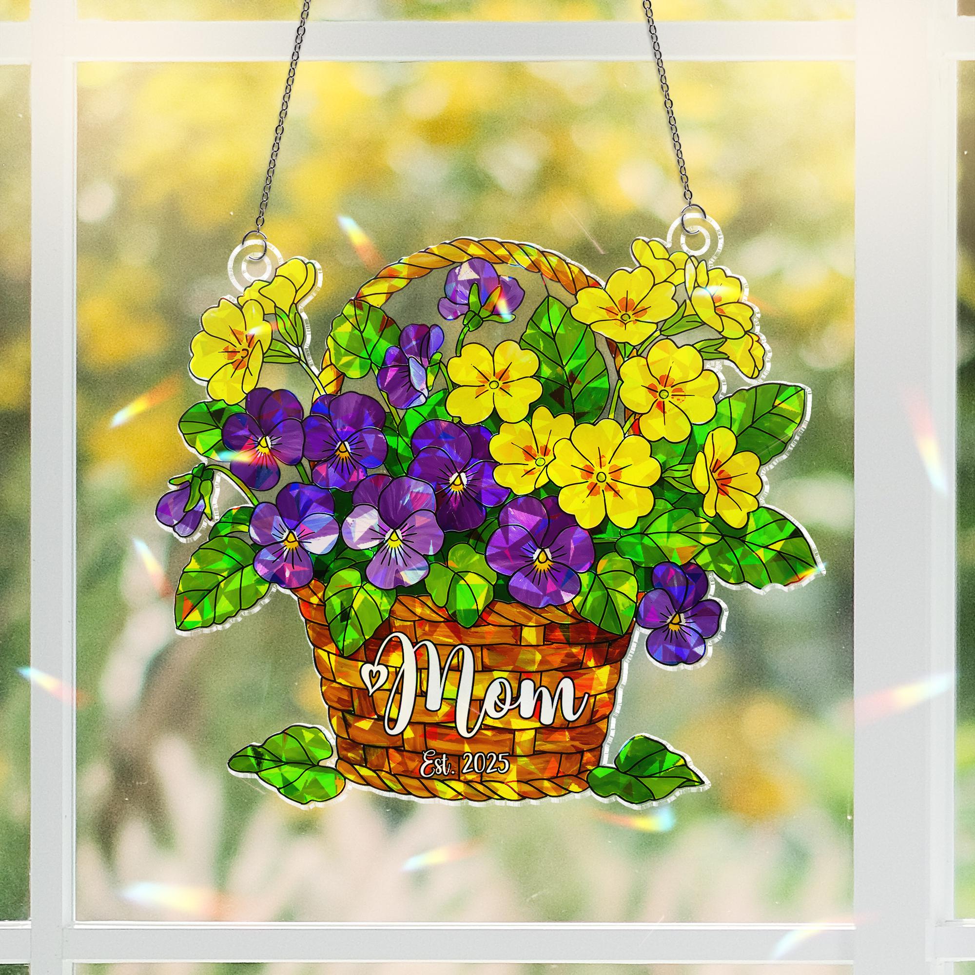 Personalized Violet Primrose Mom Est 2025 Hologram Acrylic Window Hanging Ornament, March Birth Flower Basket, New Mom Mothers Day Gift