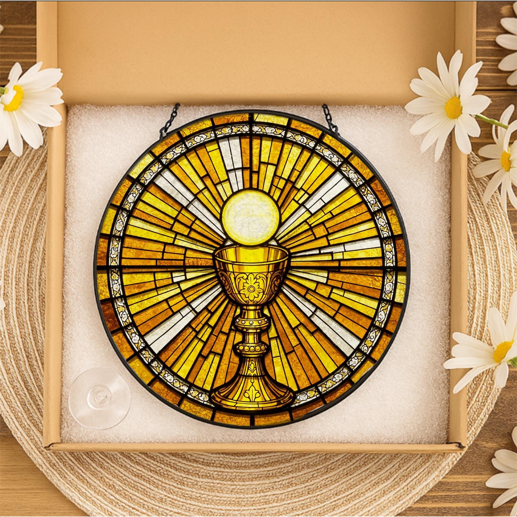 Holy Communion Glass Suncatcher – Eucharist Chalice Window Hanging, Catholic Gift, First Communion Decor, Christian Ornament, Gift For Dad