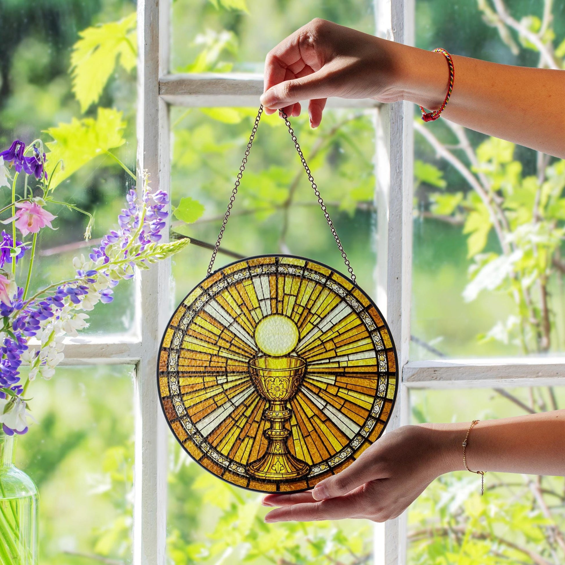 Holy Communion Glass Suncatcher – Eucharist Chalice Window Hanging, Catholic Gift, First Communion Decor, Christian Ornament, Gift For Dad
