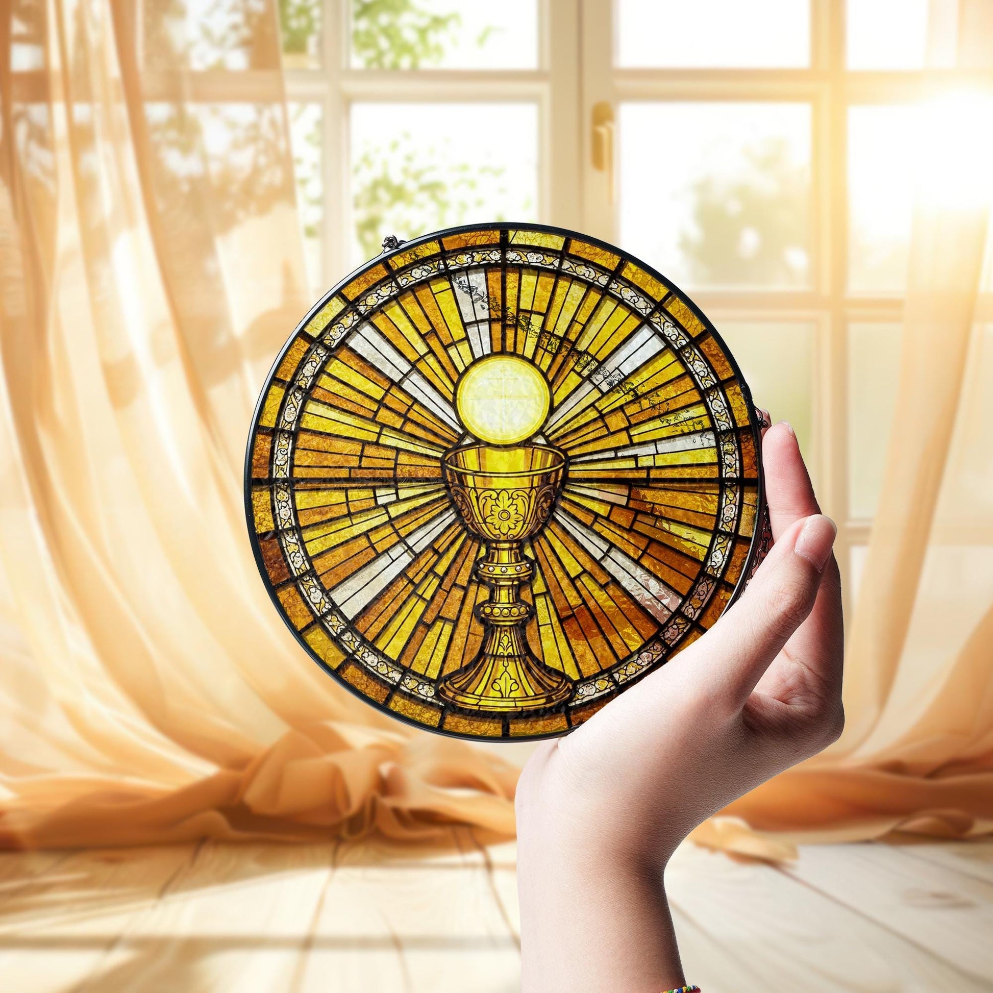 Holy Communion Glass Suncatcher – Eucharist Chalice Window Hanging, Catholic Gift, First Communion Decor, Christian Ornament, Gift For Dad