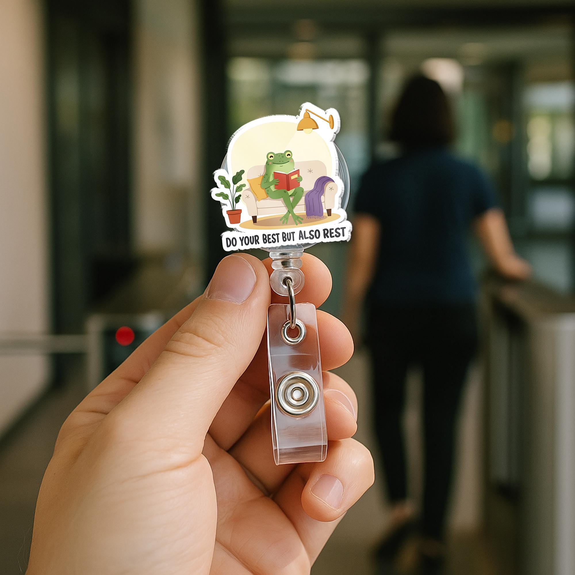 Do Your Best But Also Rest Frog Badge Reel – Cute Motivational ID Holder, Funny Nurse Badge Clip, Self Care Work Accessory, Gift For Worker