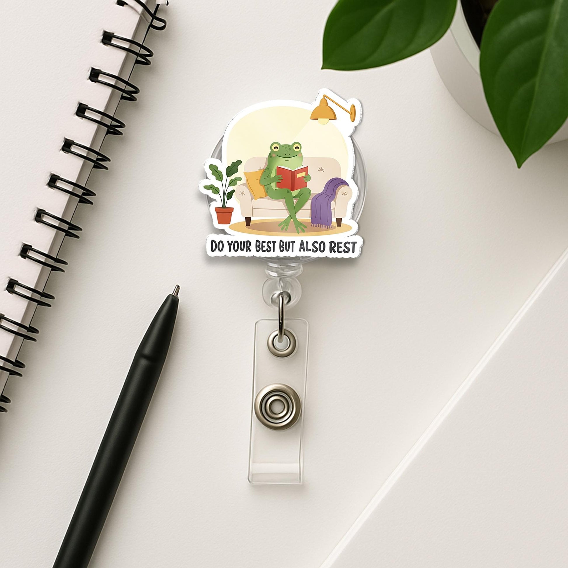 Do Your Best But Also Rest Frog Badge Reel – Cute Motivational ID Holder, Funny Nurse Badge Clip, Self Care Work Accessory, Gift For Worker