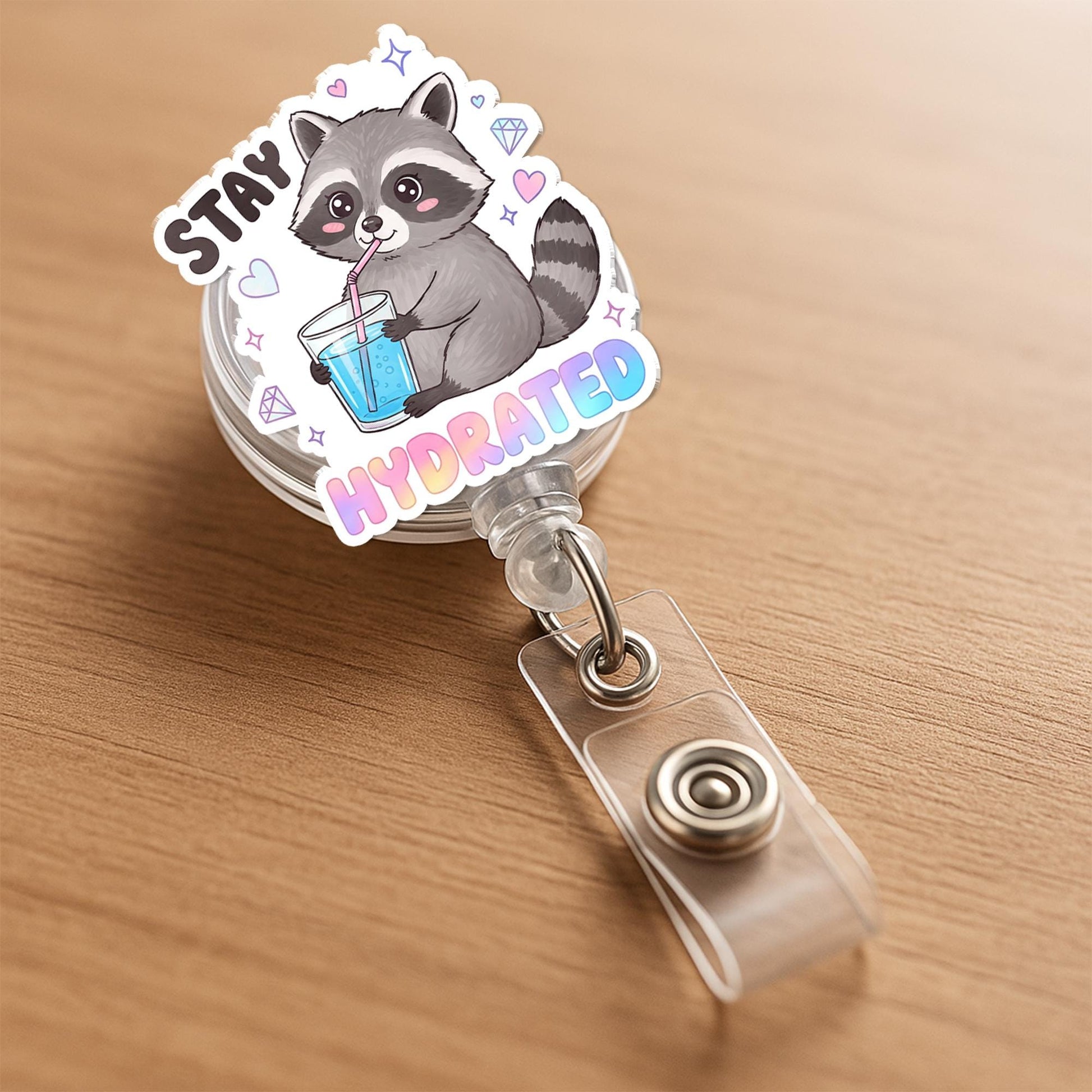 Kawaii Raccoon Badge Reel, Stay Hydrated Y2K ID Holder Clip, Cute Nurse Badge, Funny Office Gift, Pastel Aesthetic Accessory