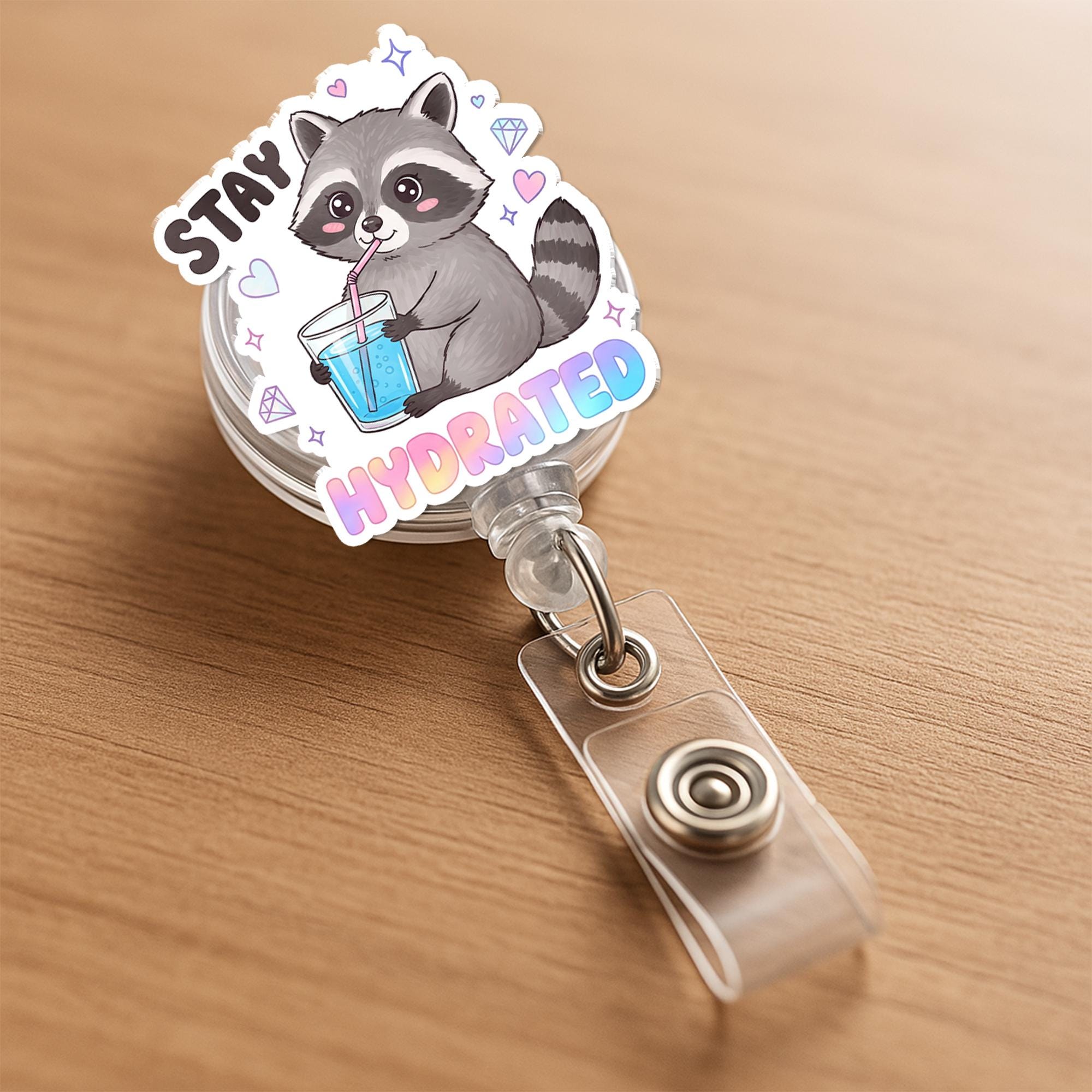 Kawaii Raccoon Badge Reel, Stay Hydrated Y2K ID Holder Clip, Cute Nurse Badge, Funny Office Gift, Pastel Aesthetic Accessory
