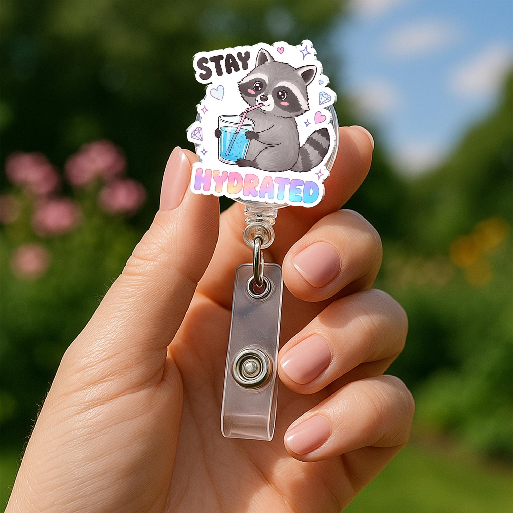 Kawaii Raccoon Badge Reel, Stay Hydrated Y2K ID Holder Clip, Cute Nurse Badge, Funny Office Gift, Pastel Aesthetic Accessory