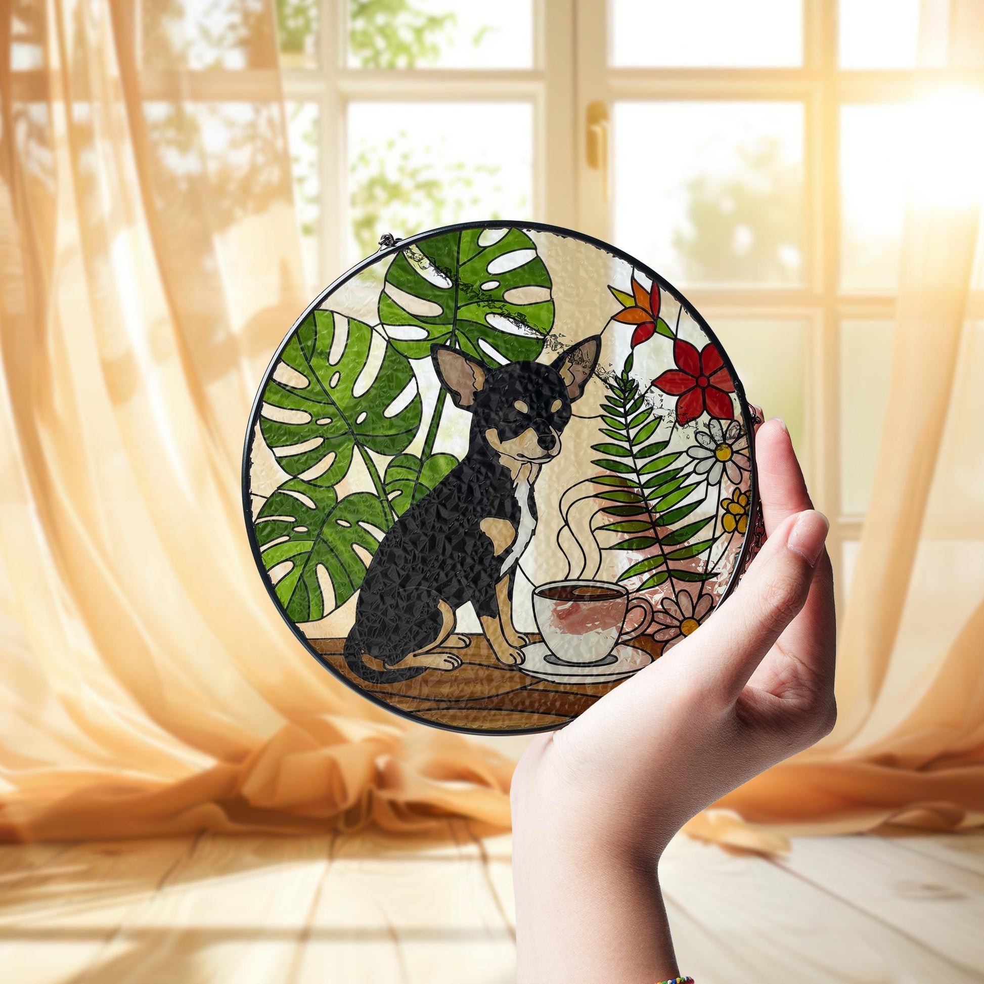 Chihuahua Mom Glass Suncatcher – Coffee & Plant Lover Gift – Mother's Day Window Decor for Pet Moms – Black and Tan chihuahua Art Ornament