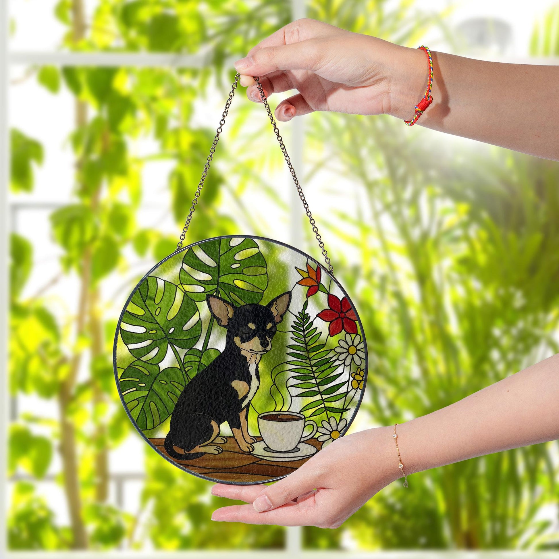 Chihuahua Mom Glass Suncatcher – Coffee & Plant Lover Gift – Mother's Day Window Decor for Pet Moms – Black and Tan chihuahua Art Ornament