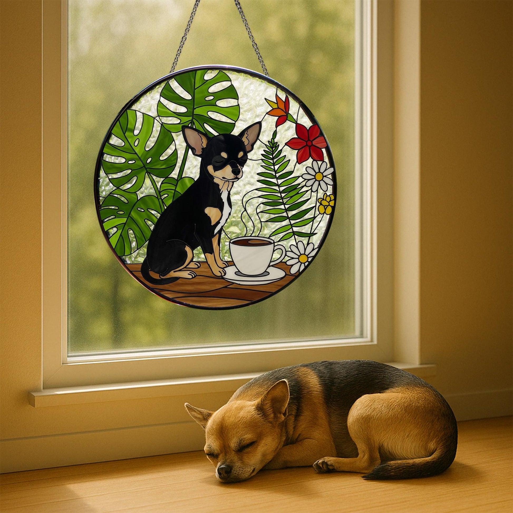 Chihuahua Mom Glass Suncatcher – Coffee & Plant Lover Gift – Mother's Day Window Decor for Pet Moms – Black and Tan chihuahua Art Ornament