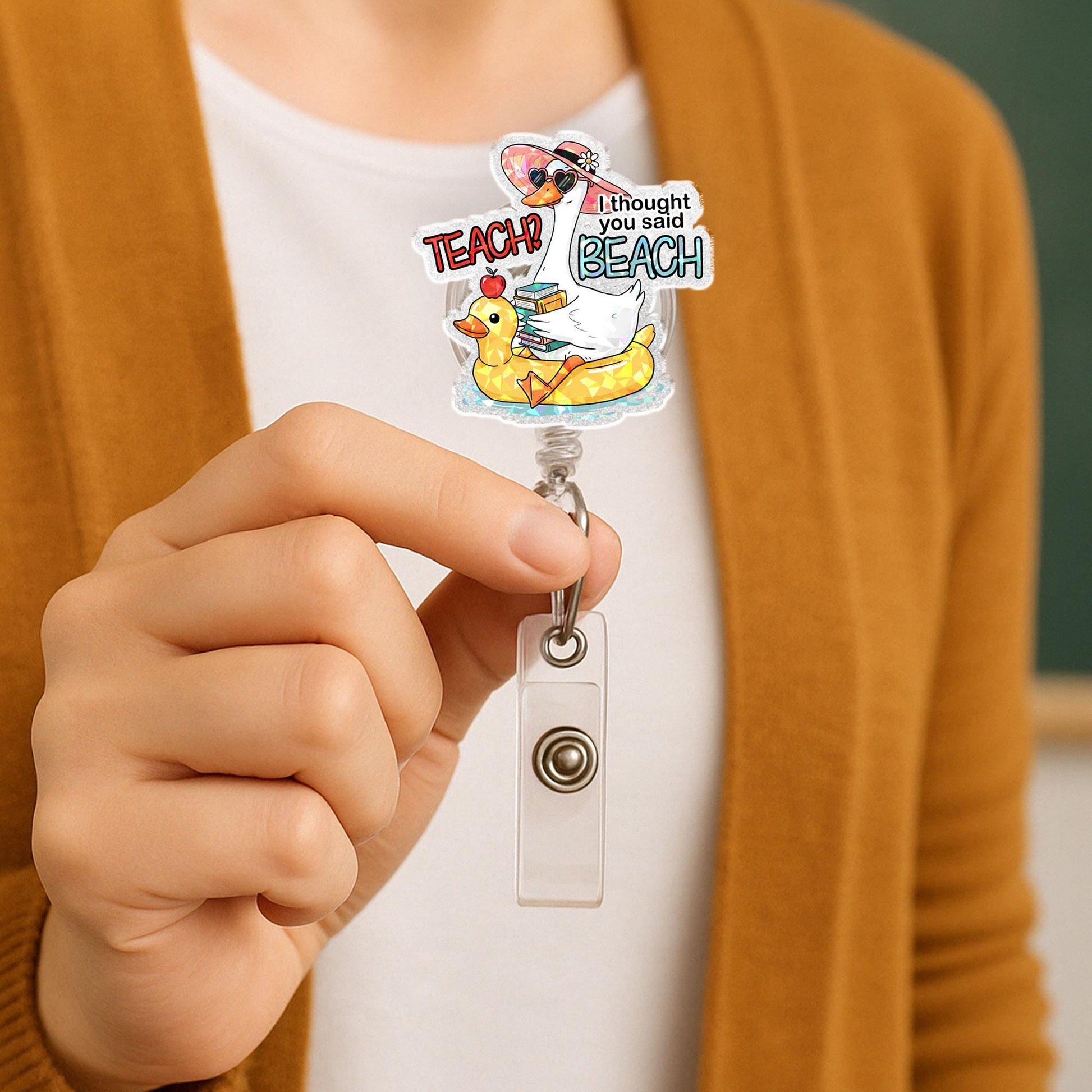 Funny Silly Teacher Goose Summer Badge Reel, Teach I Thought You Said Beach ID Clip, School's Out For Summer, Beach Lover Accessory