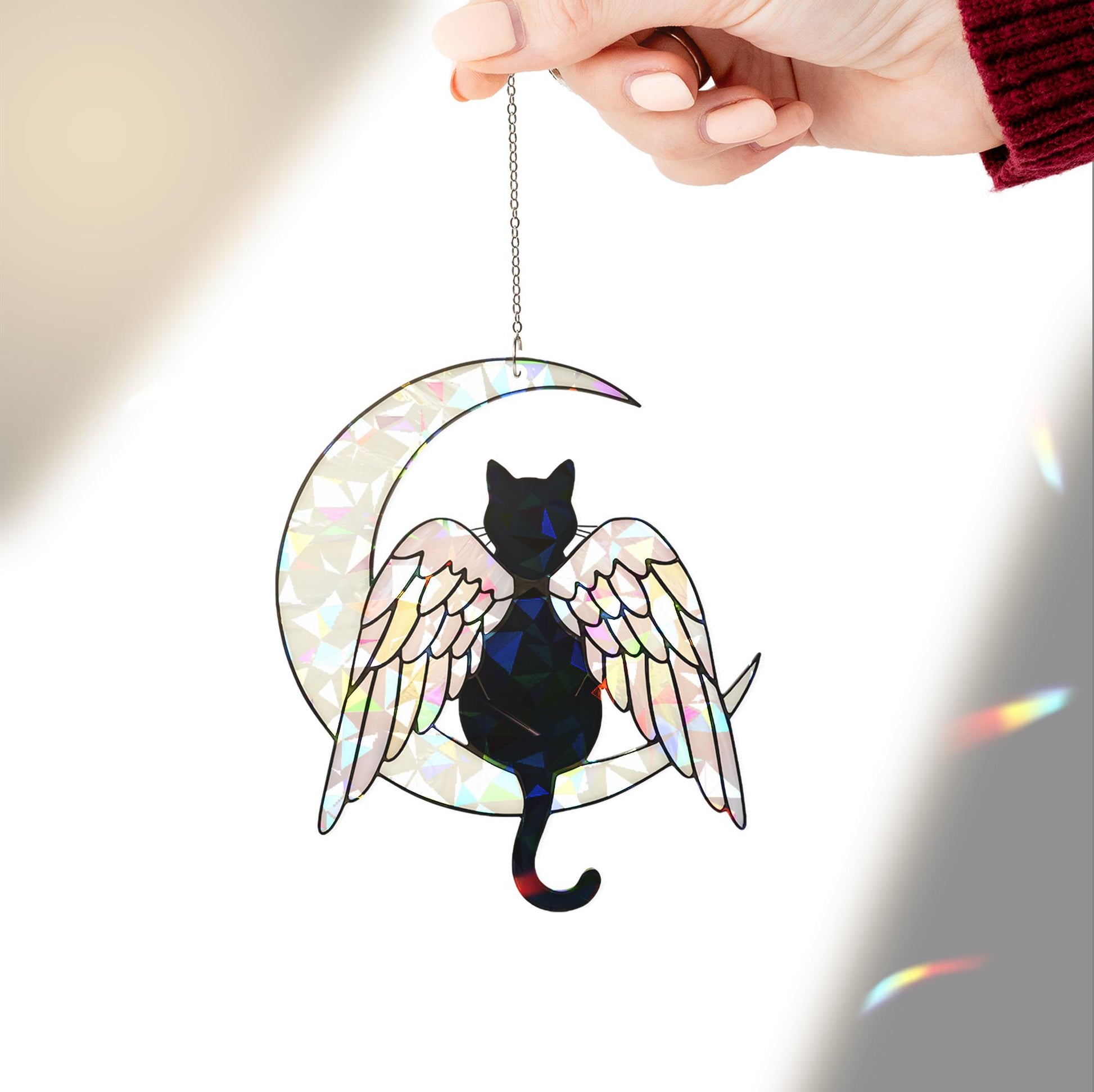Black Cat Angel Holographic Acrylic Window Hanging, Cat Memorial Gift, Pet Loss Keepsake, Moon and Wings Decor, Cat Mom Gift,Cat Lover Decor