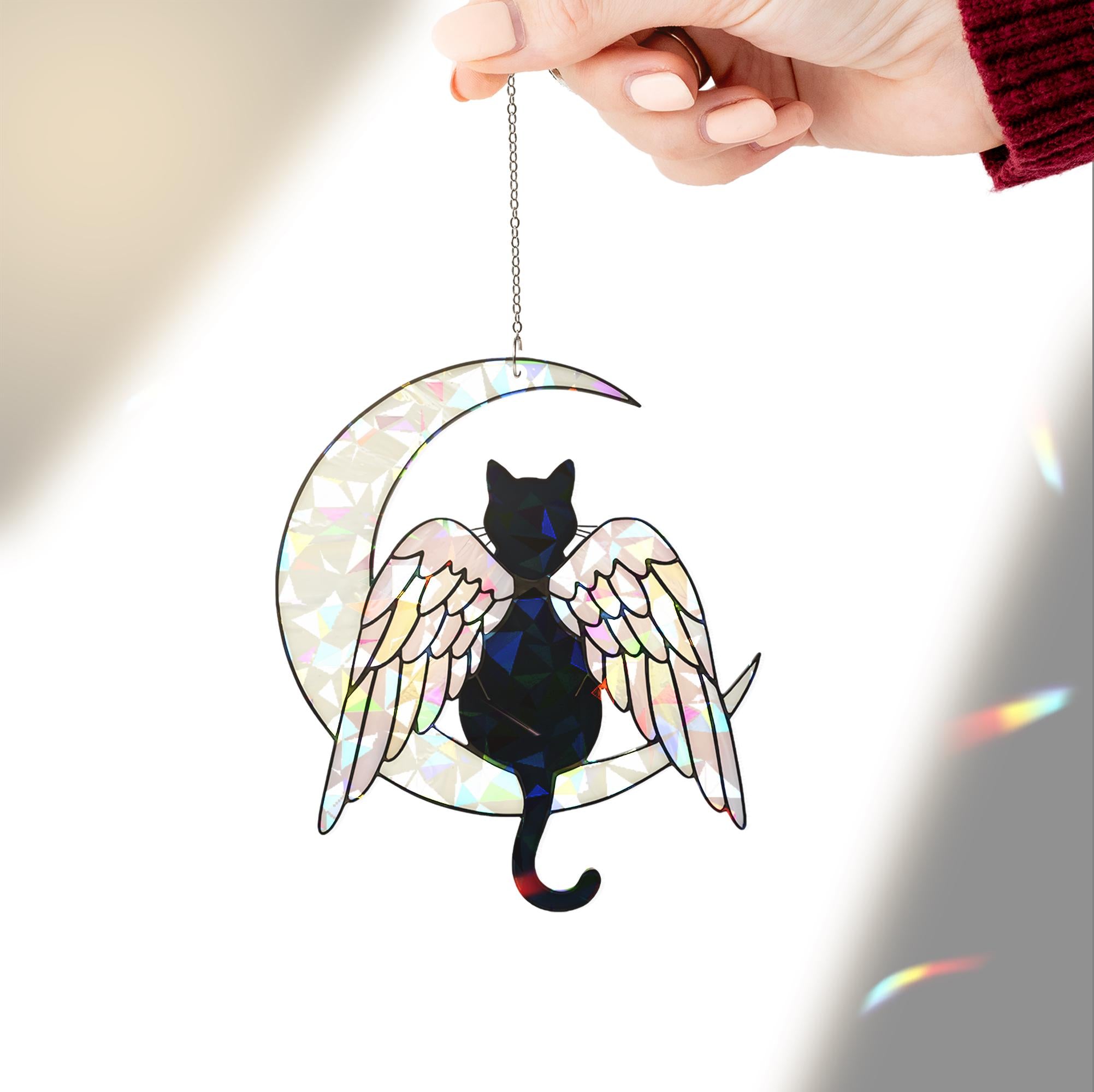 Black Cat Angel Holographic Acrylic Window Hanging, Cat Memorial Gift, Pet Loss Keepsake, Moon and Wings Decor, Cat Mom Gift,Cat Lover Decor