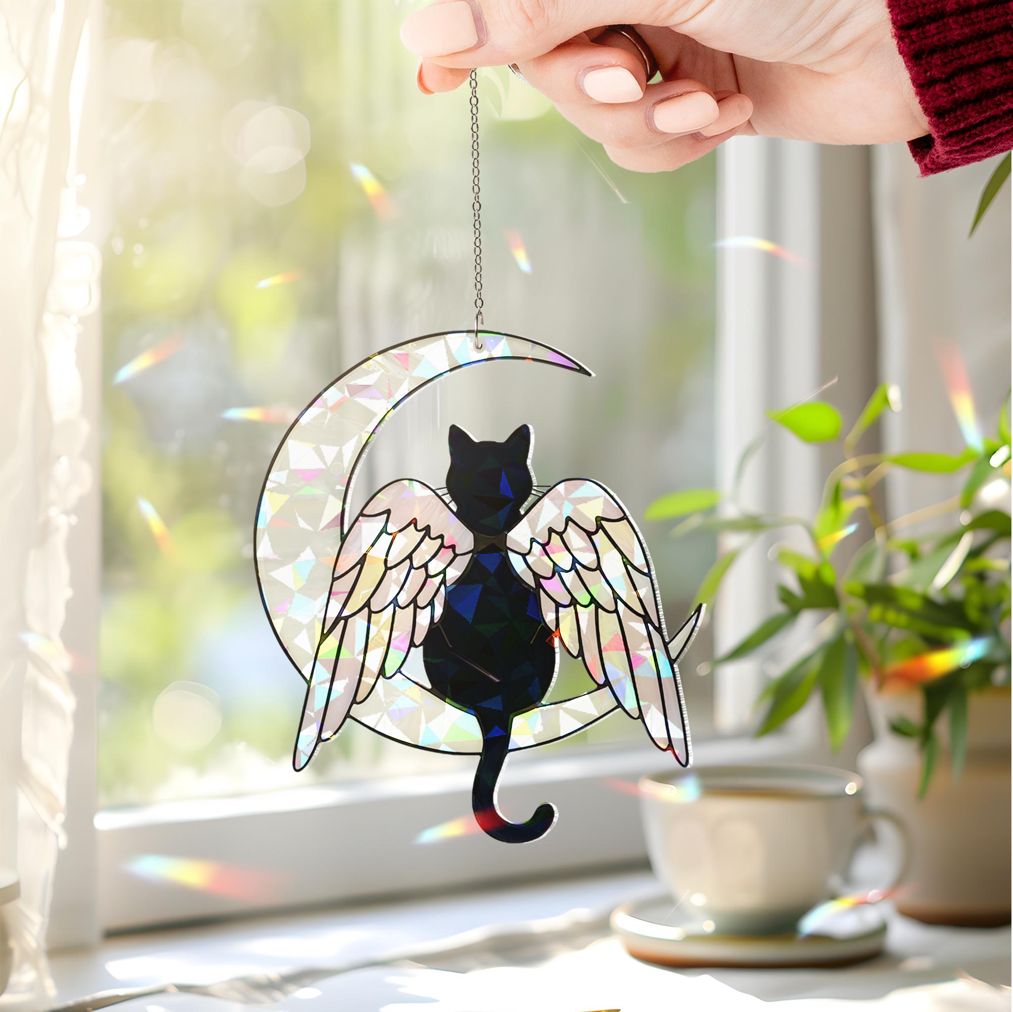 Black Cat Angel Holographic Acrylic Window Hanging, Cat Memorial Gift, Pet Loss Keepsake, Moon and Wings Decor, Cat Mom Gift,Cat Lover Decor