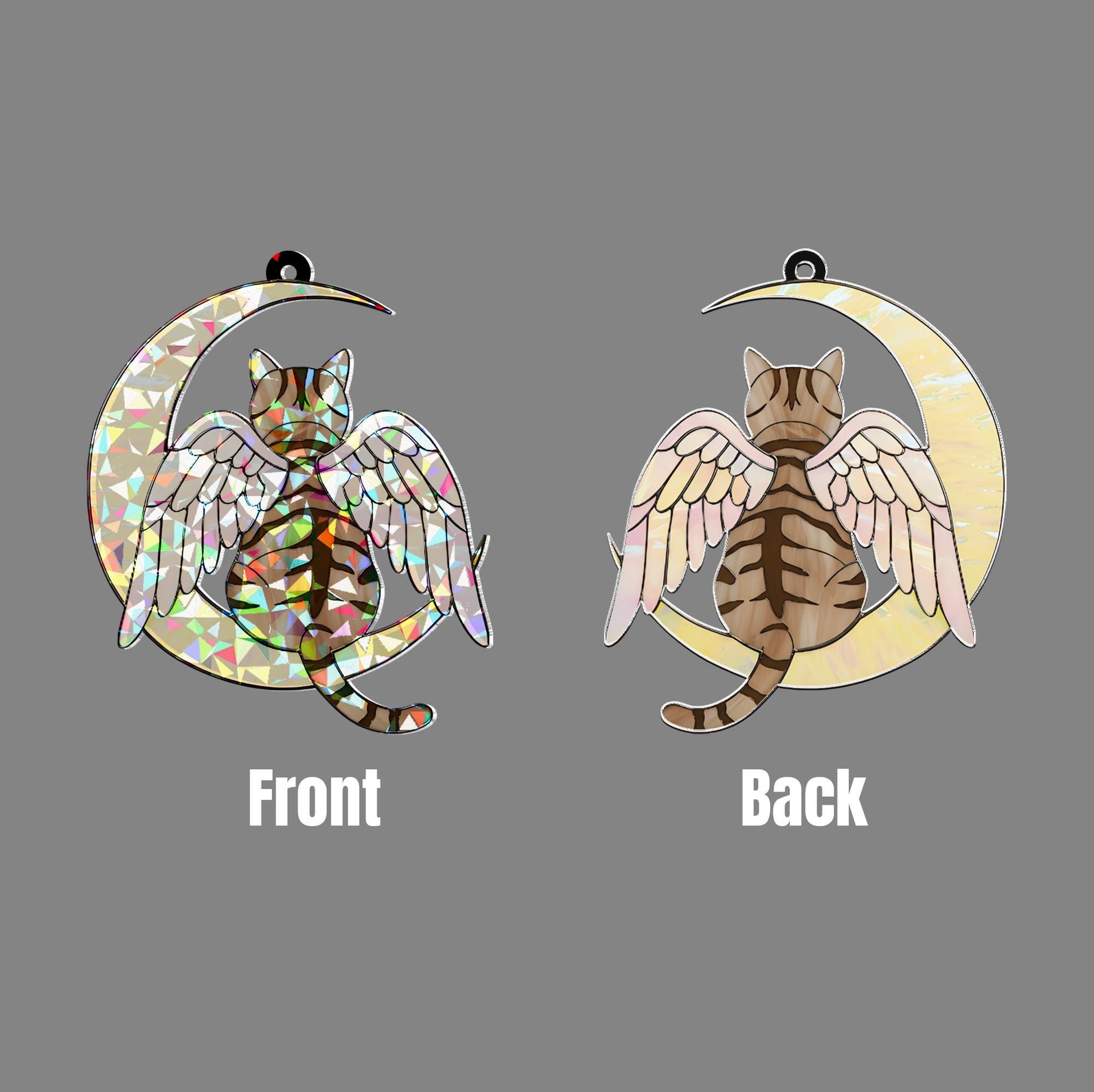 Tabby Cat Angel Decor, Holographic Acrylic Window Hanging, Cat Memorial Gift, Pet Loss Keepsake, Moon and Wings Suncatcher, Cat Mom Gift