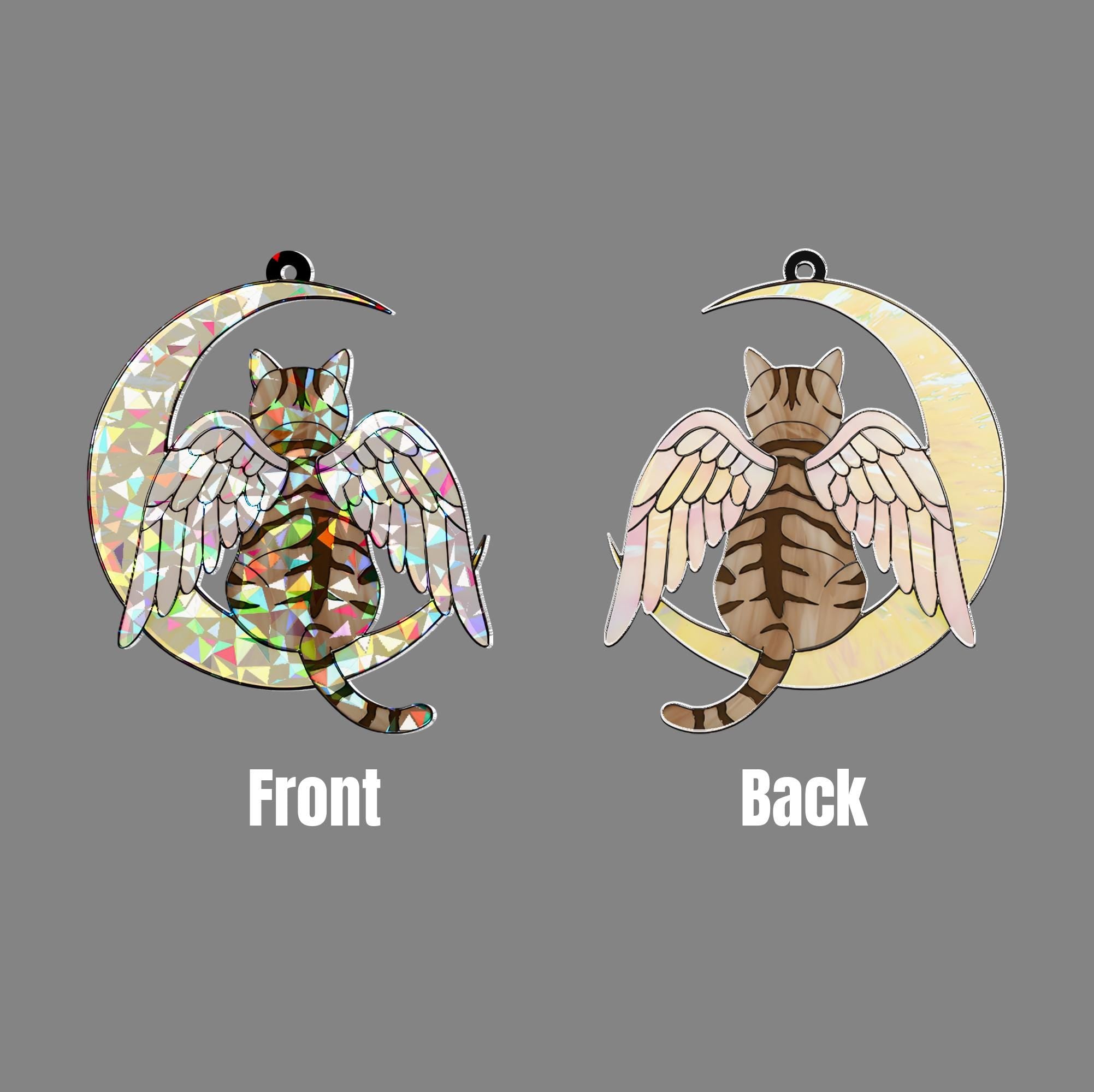 Tabby Cat Angel Decor, Holographic Acrylic Window Hanging, Cat Memorial Gift, Pet Loss Keepsake, Moon and Wings Suncatcher, Cat Mom Gift