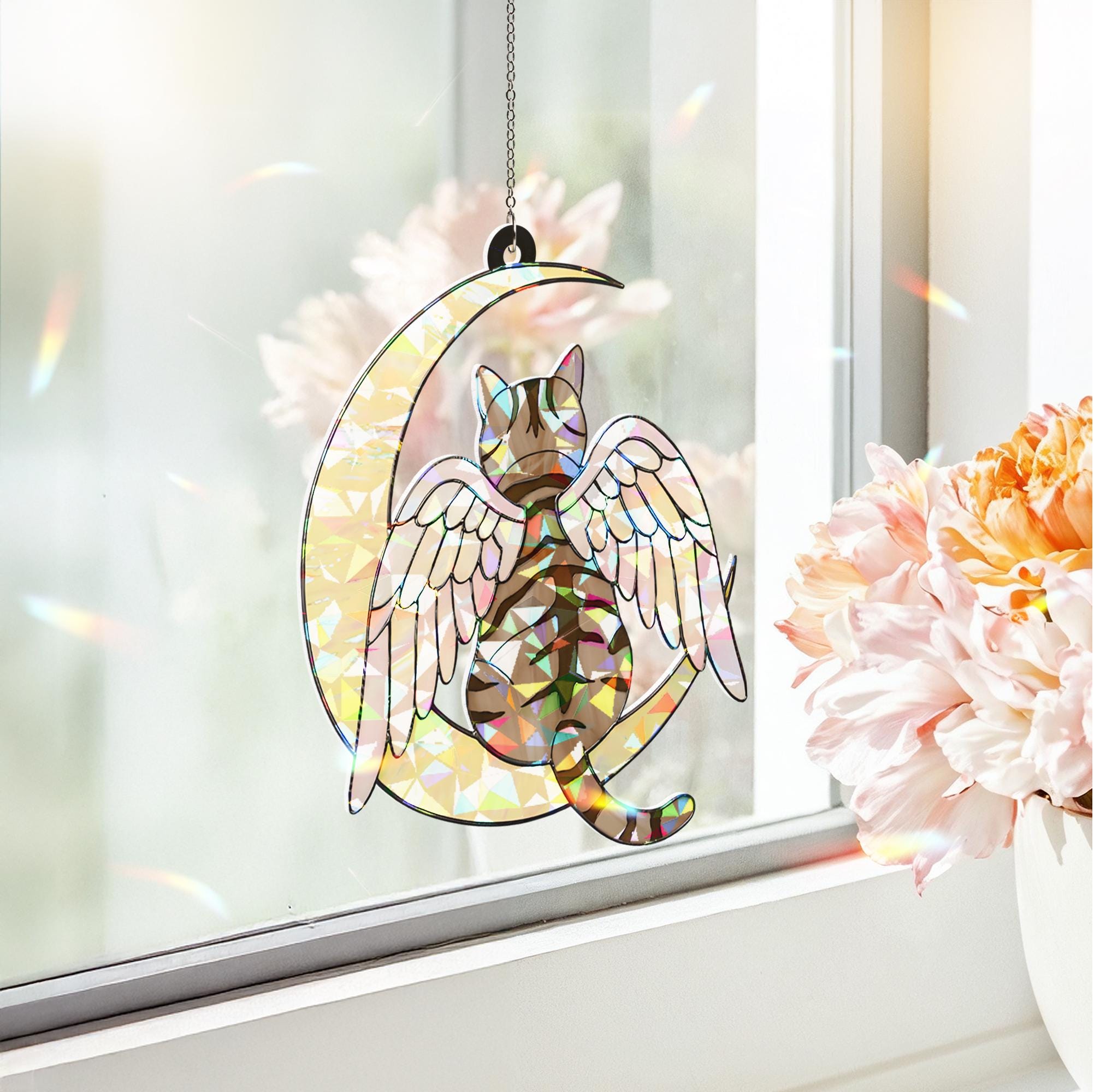 Tabby Cat Angel Decor, Holographic Acrylic Window Hanging, Cat Memorial Gift, Pet Loss Keepsake, Moon and Wings Suncatcher, Cat Mom Gift