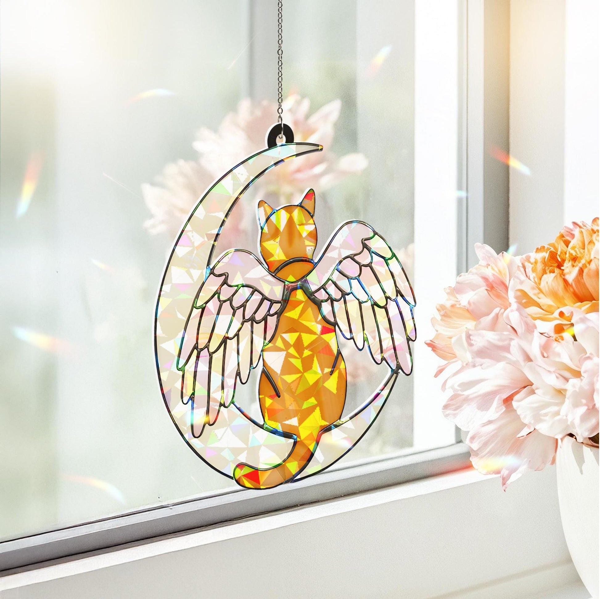 Orange Cat Angel Decor, Holographic Acrylic Window Hanging, Cat Memorial Gift, Pet Loss Ornament, Moon and Wings Suncatcher, Cat Mom Deocr