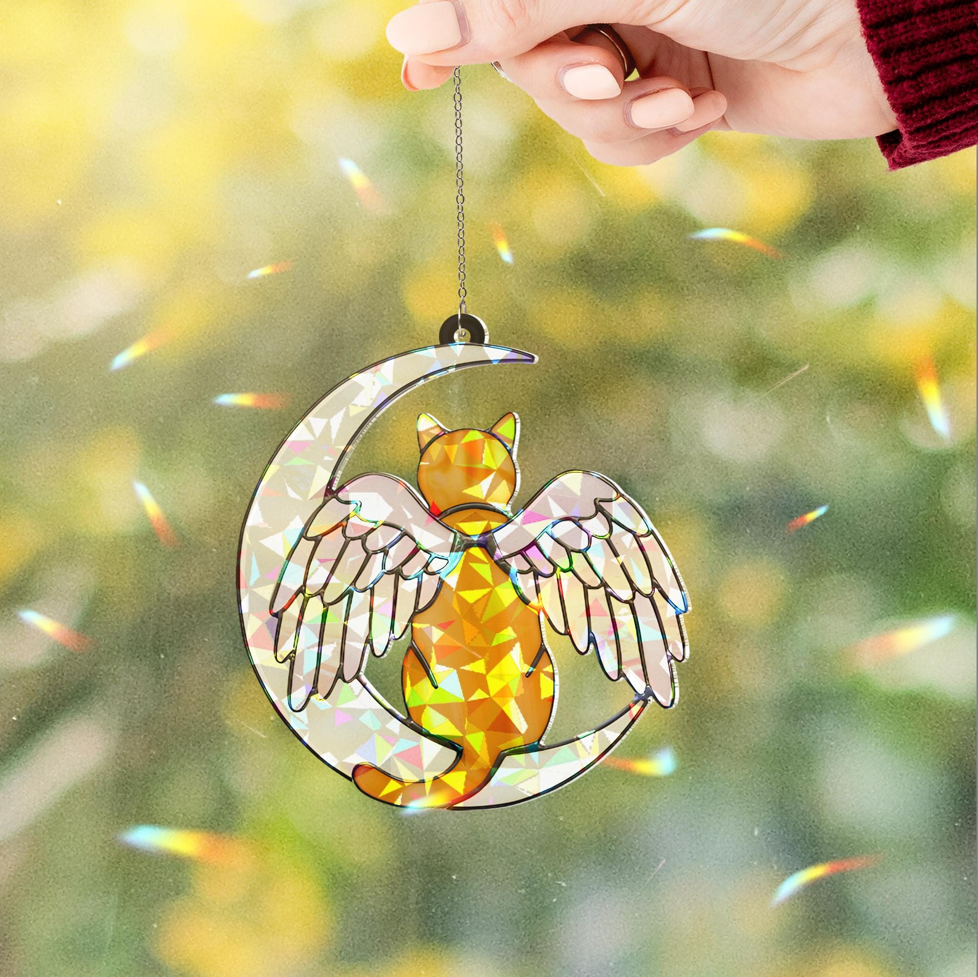 Orange Cat Angel Decor, Holographic Acrylic Window Hanging, Cat Memorial Gift, Pet Loss Ornament, Moon and Wings Suncatcher, Cat Mom Deocr
