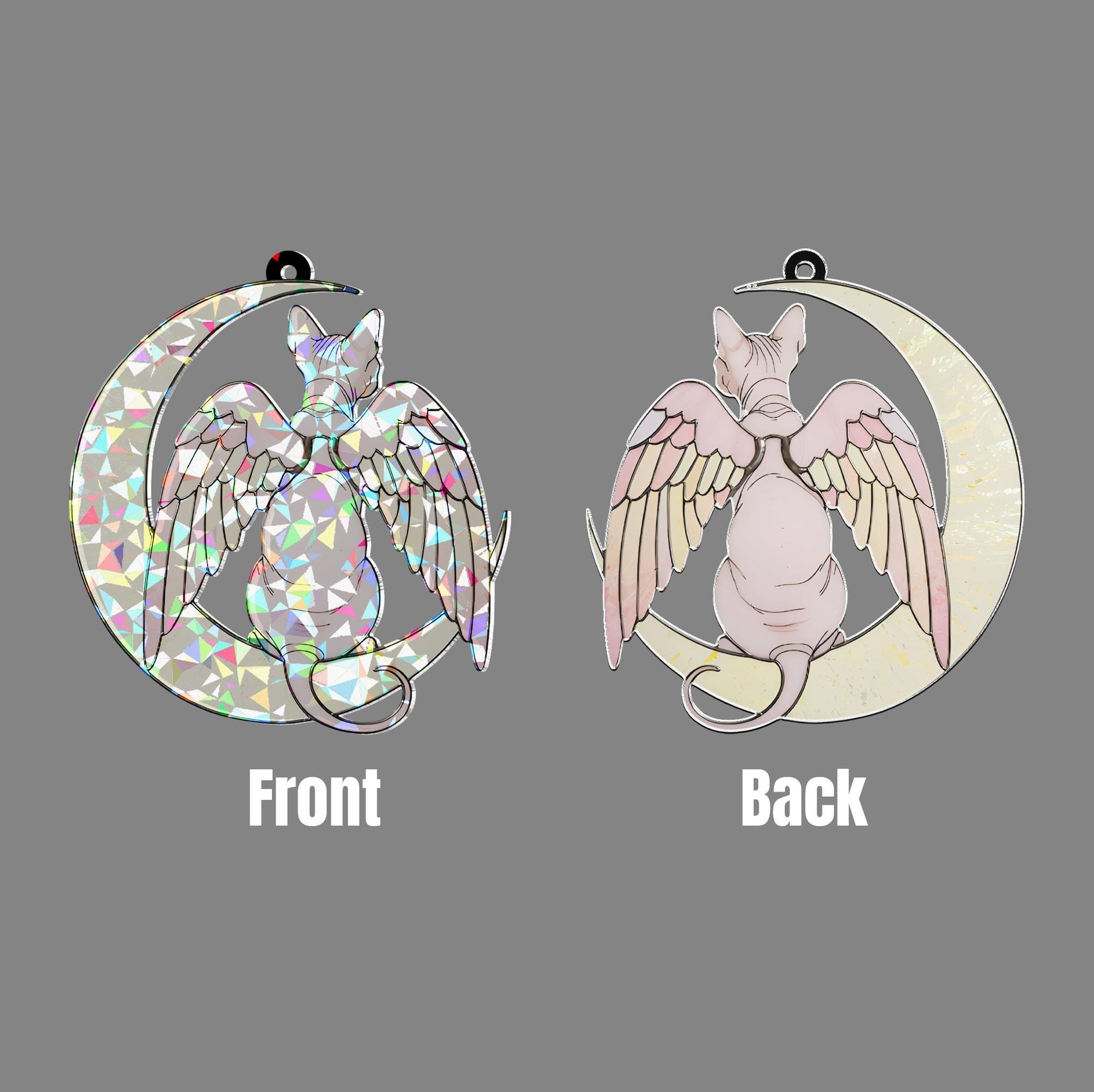 Sphynx Cat Angel Decor, Holographic Acrylic Window Hanging, Cat Memorial Gift, Pet Loss Keepsake, Moon and Wings Ornament, Sphynx Mom Gift