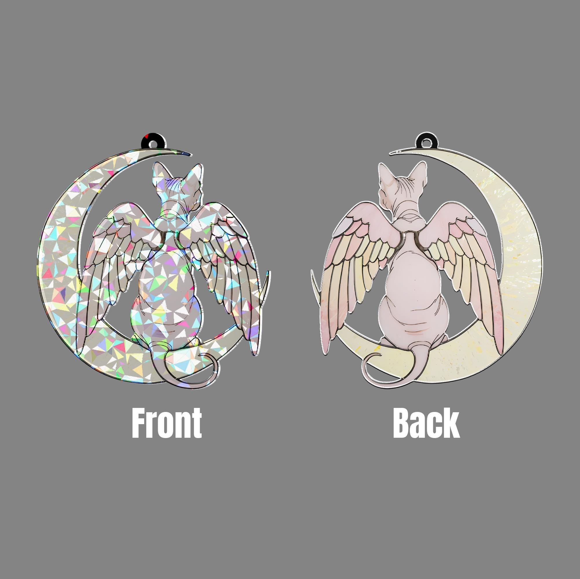 Sphynx Cat Angel Decor, Holographic Acrylic Window Hanging, Cat Memorial Gift, Pet Loss Keepsake, Moon and Wings Ornament, Sphynx Mom Gift