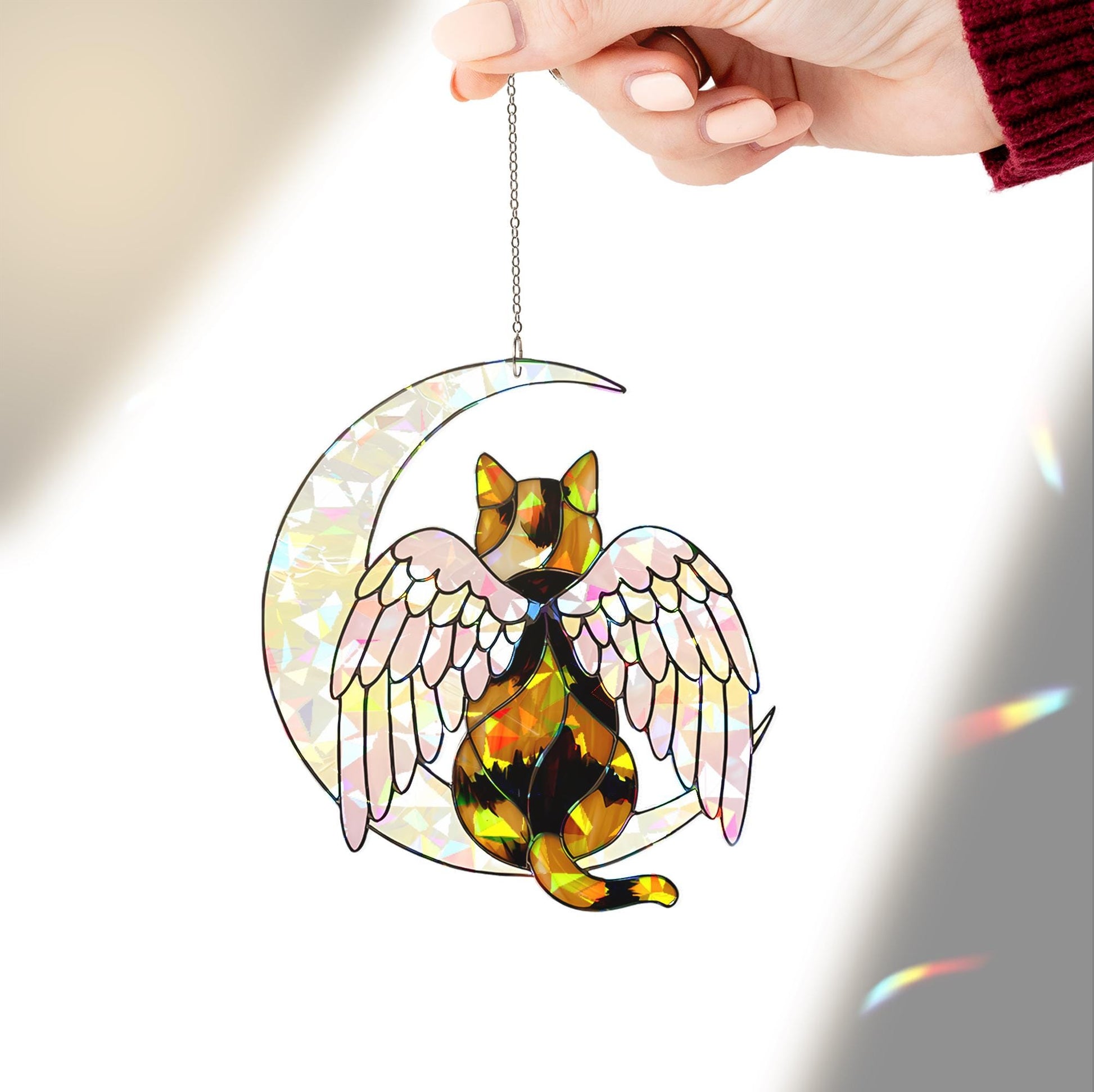 Calico Cat Angel Decor, Holographic Acrylic Window Hanging, Cat Memorial Gift, Pet Loss Keepsake, Moon and Wings Ornament, Calico Cat Mom