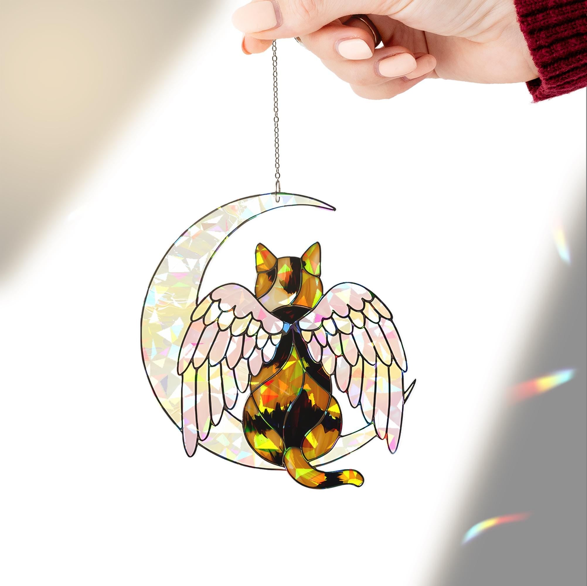 Calico Cat Angel Decor, Holographic Acrylic Window Hanging, Cat Memorial Gift, Pet Loss Keepsake, Moon and Wings Ornament, Calico Cat Mom