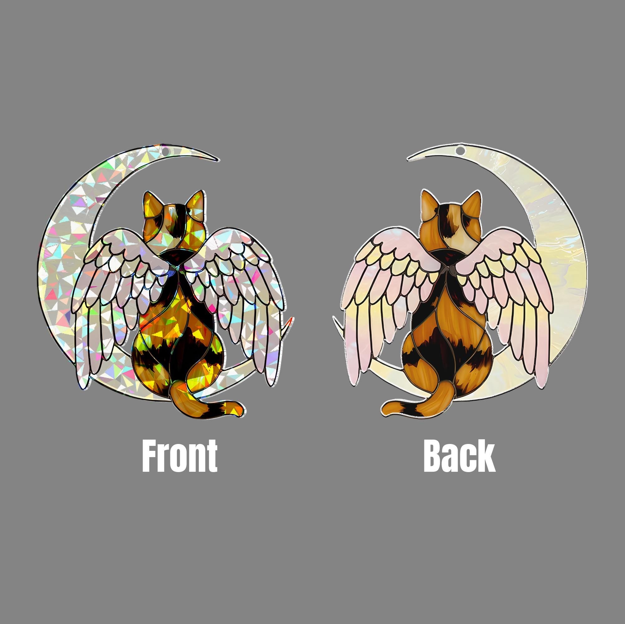 Calico Cat Angel Decor, Holographic Acrylic Window Hanging, Cat Memorial Gift, Pet Loss Keepsake, Moon and Wings Ornament, Calico Cat Mom
