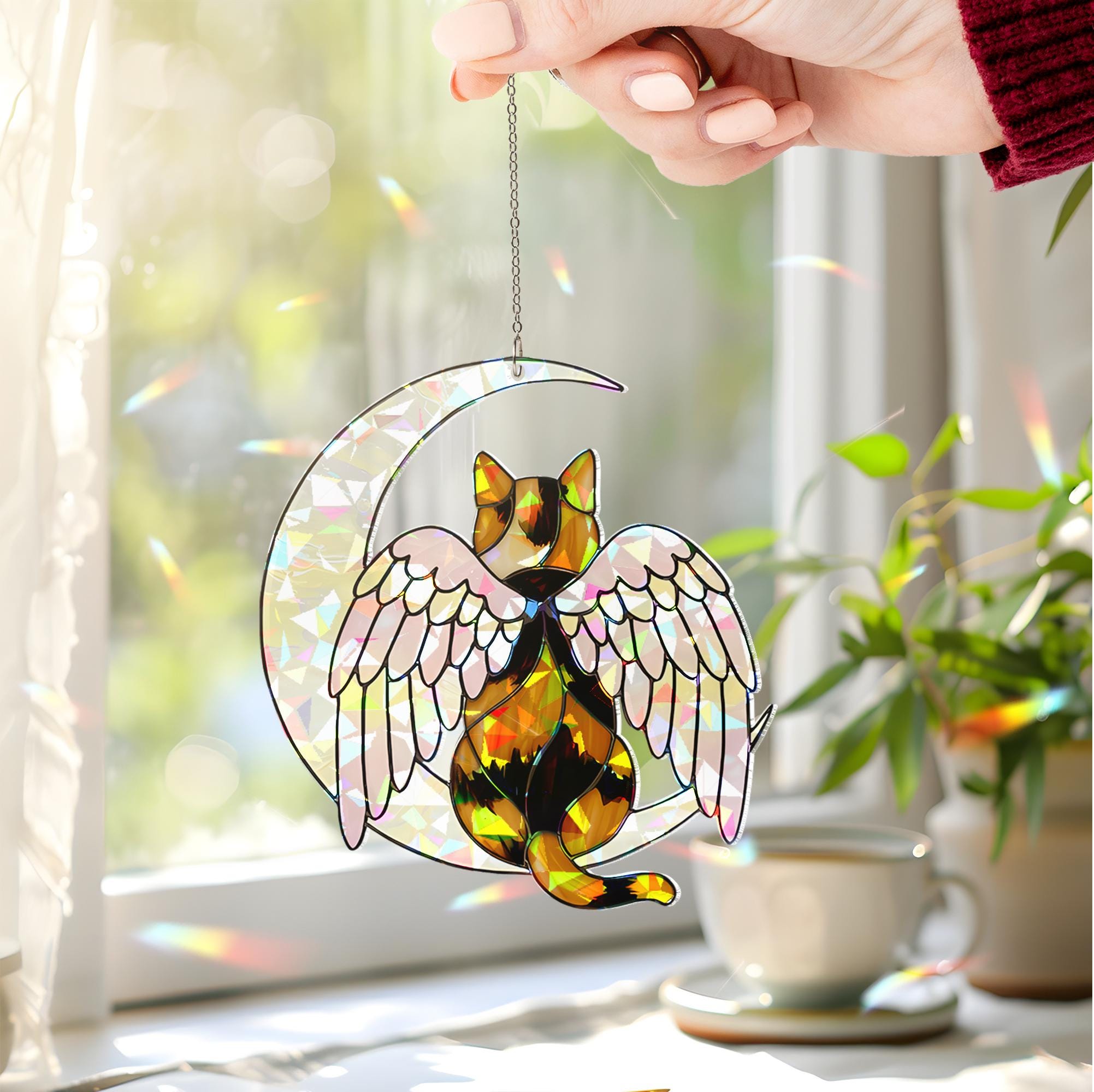 Calico Cat Angel Decor, Holographic Acrylic Window Hanging, Cat Memorial Gift, Pet Loss Keepsake, Moon and Wings Ornament, Calico Cat Mom