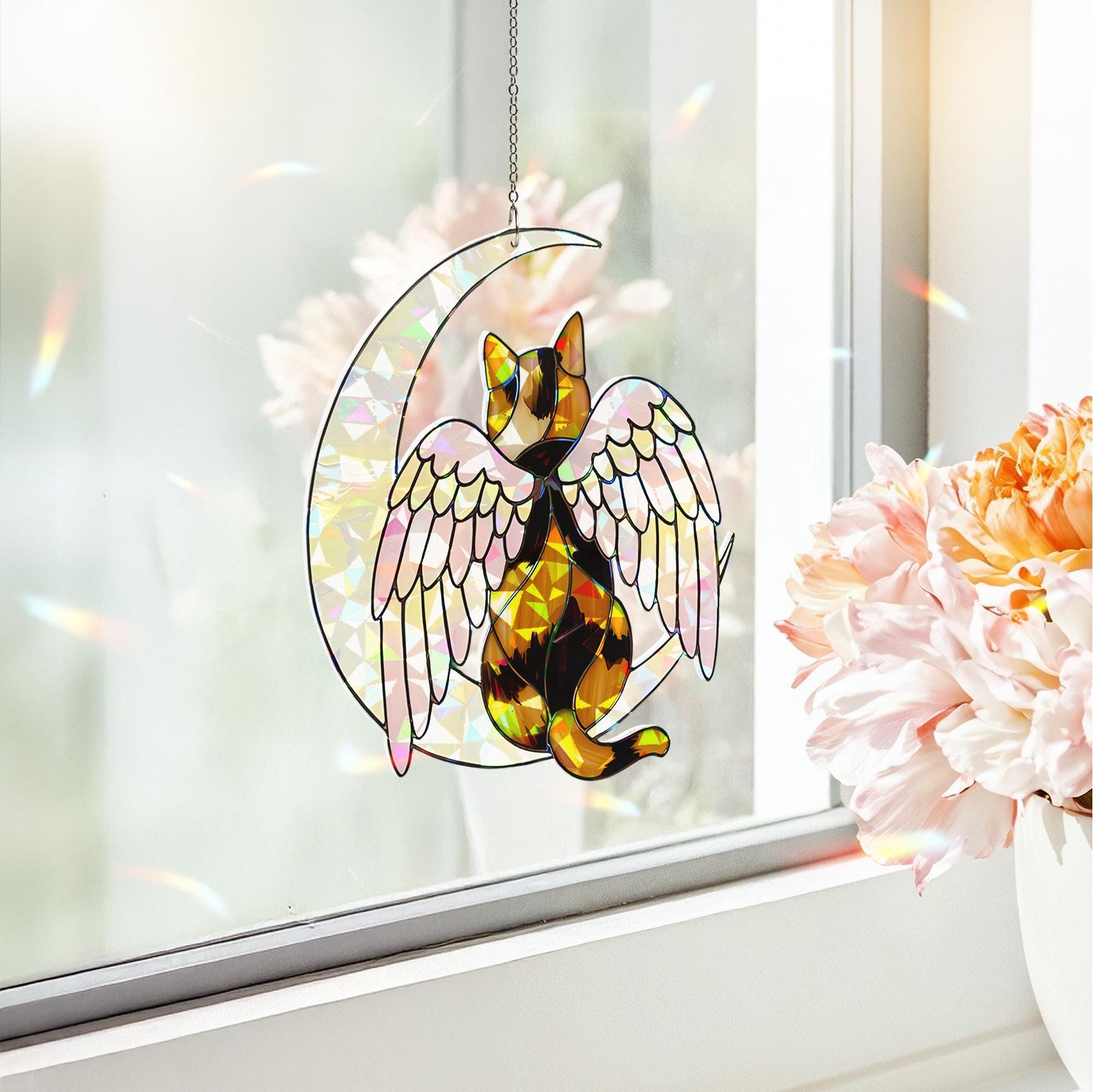 Calico Cat Angel Decor, Holographic Acrylic Window Hanging, Cat Memorial Gift, Pet Loss Keepsake, Moon and Wings Ornament, Calico Cat Mom