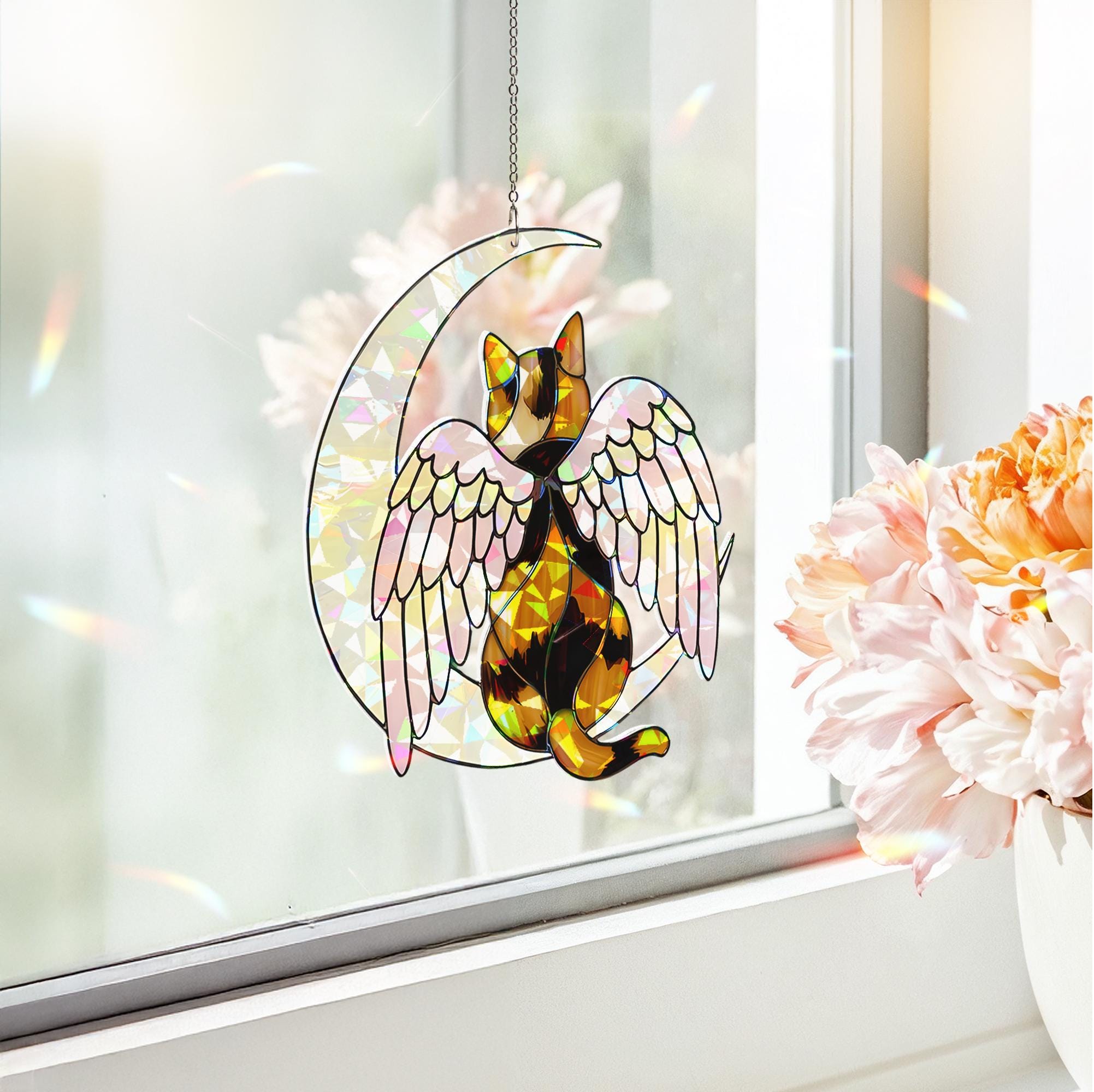 Calico Cat Angel Decor, Holographic Acrylic Window Hanging, Cat Memorial Gift, Pet Loss Keepsake, Moon and Wings Ornament, Calico Cat Mom