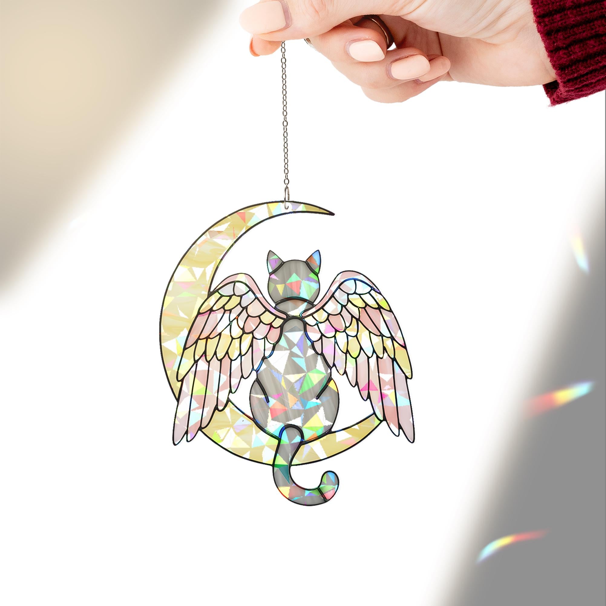 Grey Cat Angel Decor, Holographic Acrylic Window Hanging, Cat Memorial Gift, Pet Loss Keepsake, Moon and Wings Suncatcher, Grey Cat Mom Gift