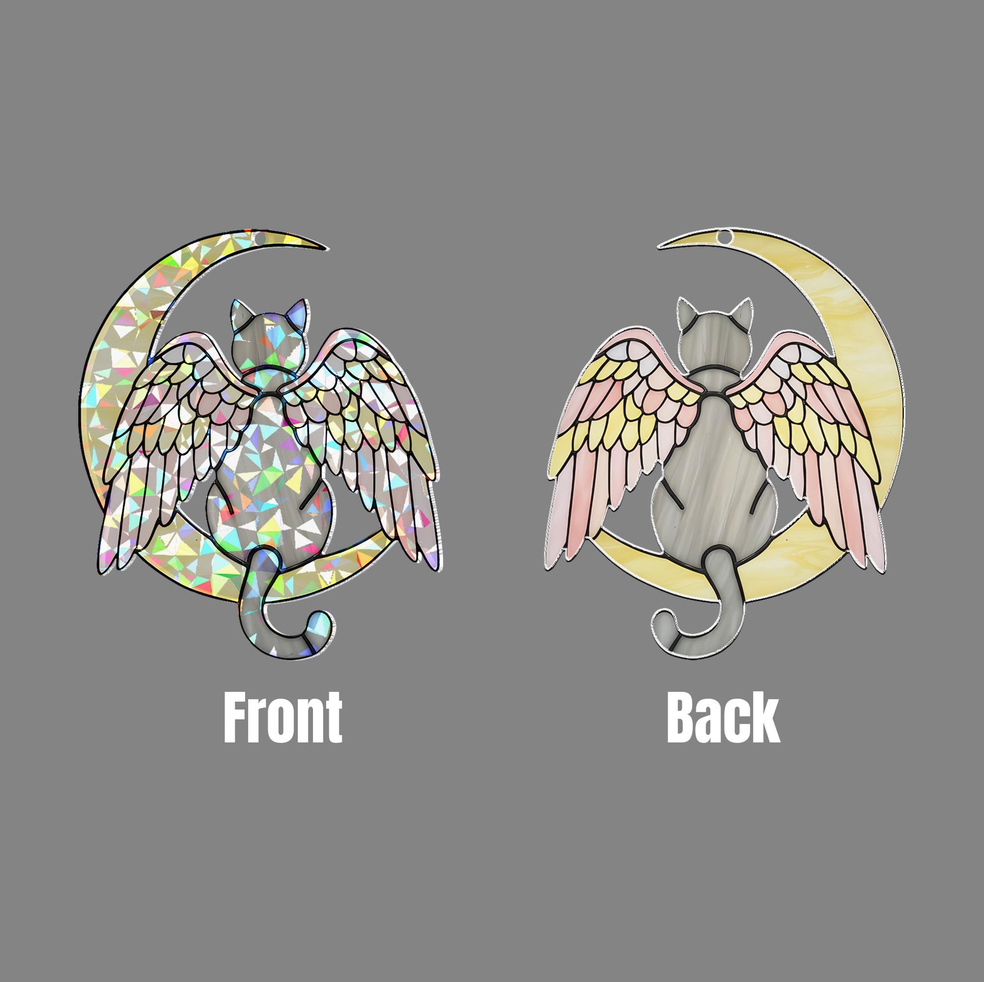 Grey Cat Angel Decor, Holographic Acrylic Window Hanging, Cat Memorial Gift, Pet Loss Keepsake, Moon and Wings Suncatcher, Grey Cat Mom Gift
