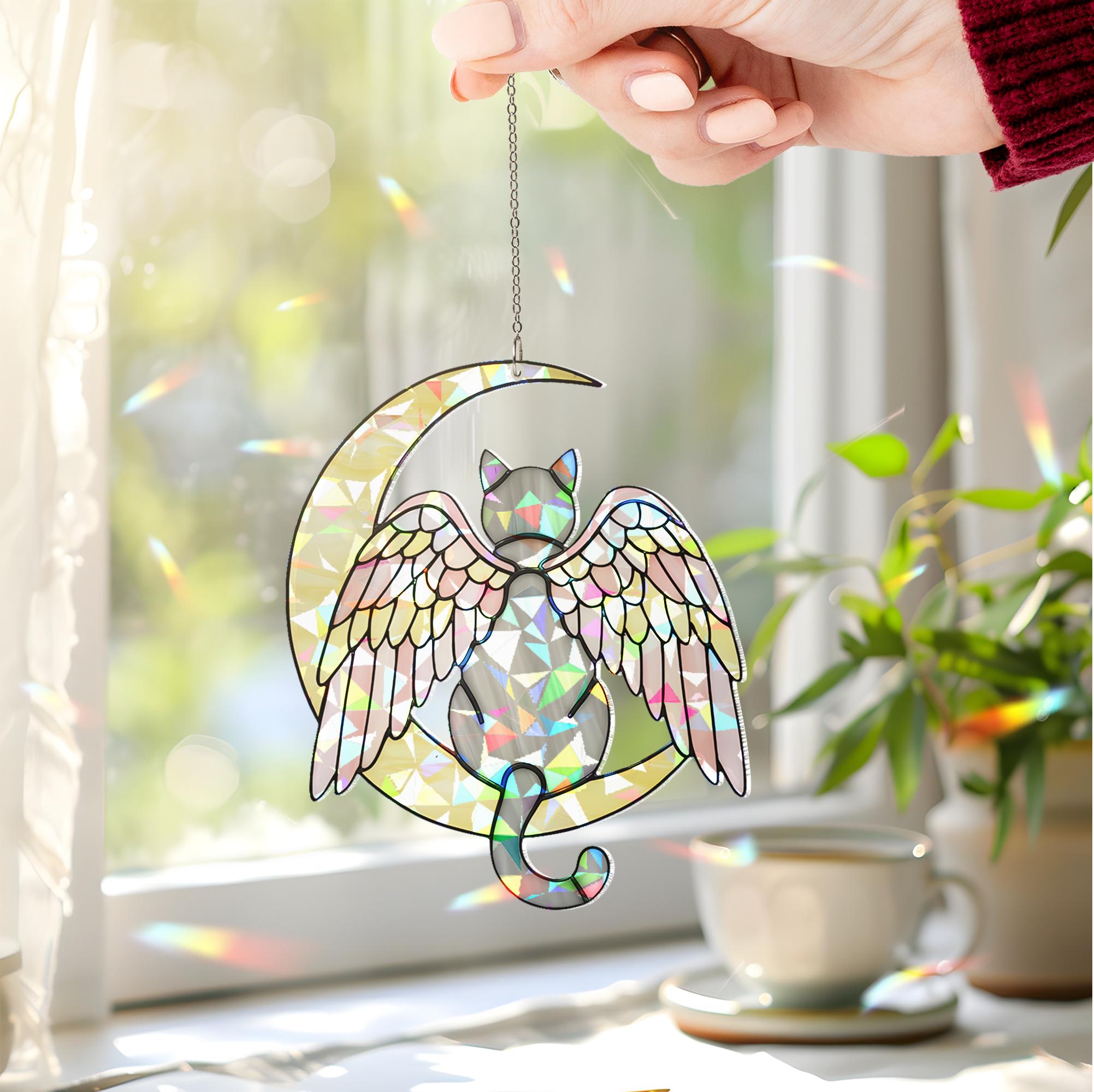 Grey Cat Angel Decor, Holographic Acrylic Window Hanging, Cat Memorial Gift, Pet Loss Keepsake, Moon and Wings Suncatcher, Grey Cat Mom Gift