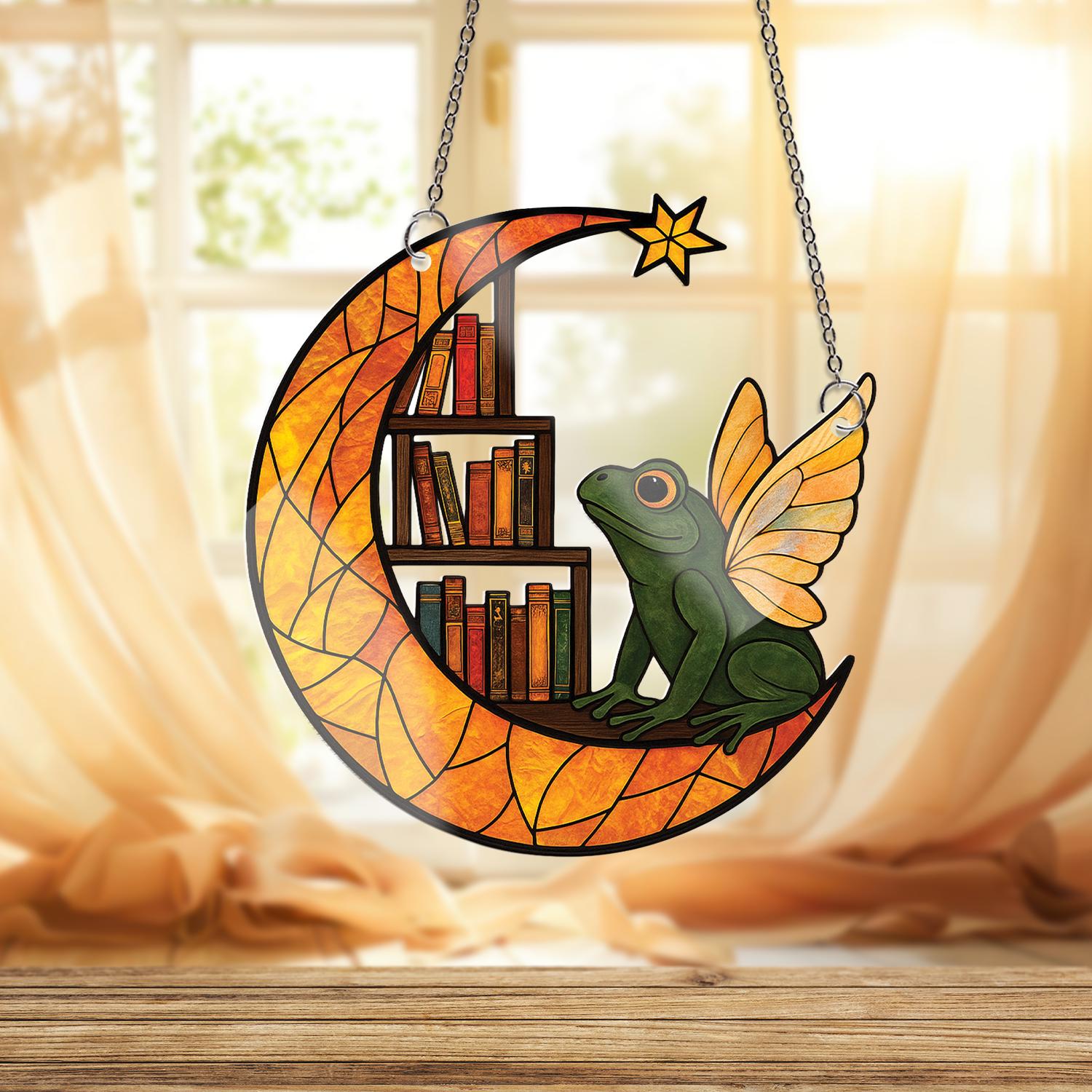 Fairy Frog Moon ACRYLIC Window Hanging, Book Shelf Decor, Crescent Moon Window Hanging, Book Lover Gift, Whimsical Frog Art, Gift For Mom