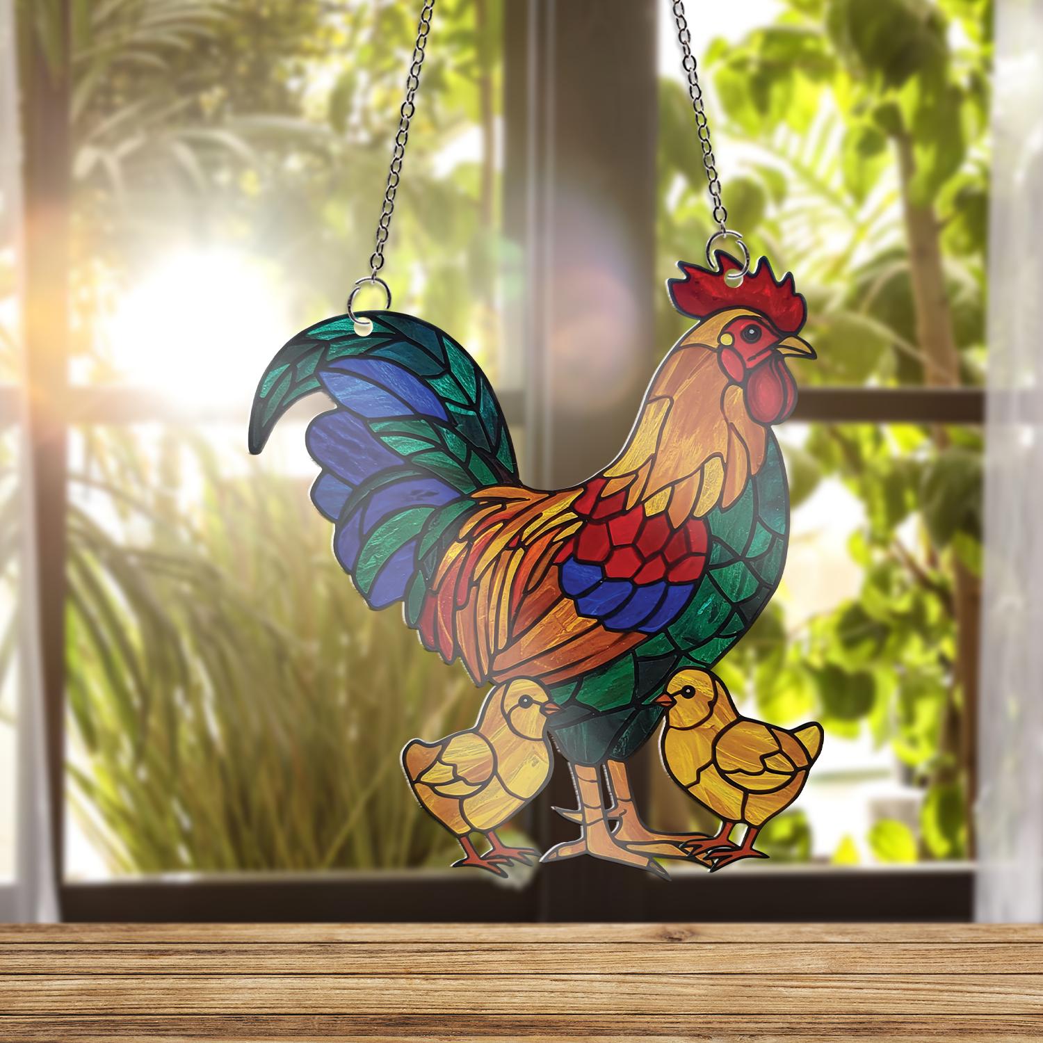 Rooster and Chicks ACRYLIC Window Hanging, Farm Animal Decor, Colorful Chicken Window Art, Country Kitchen Gift, Rustic Panel, Gift For Mom