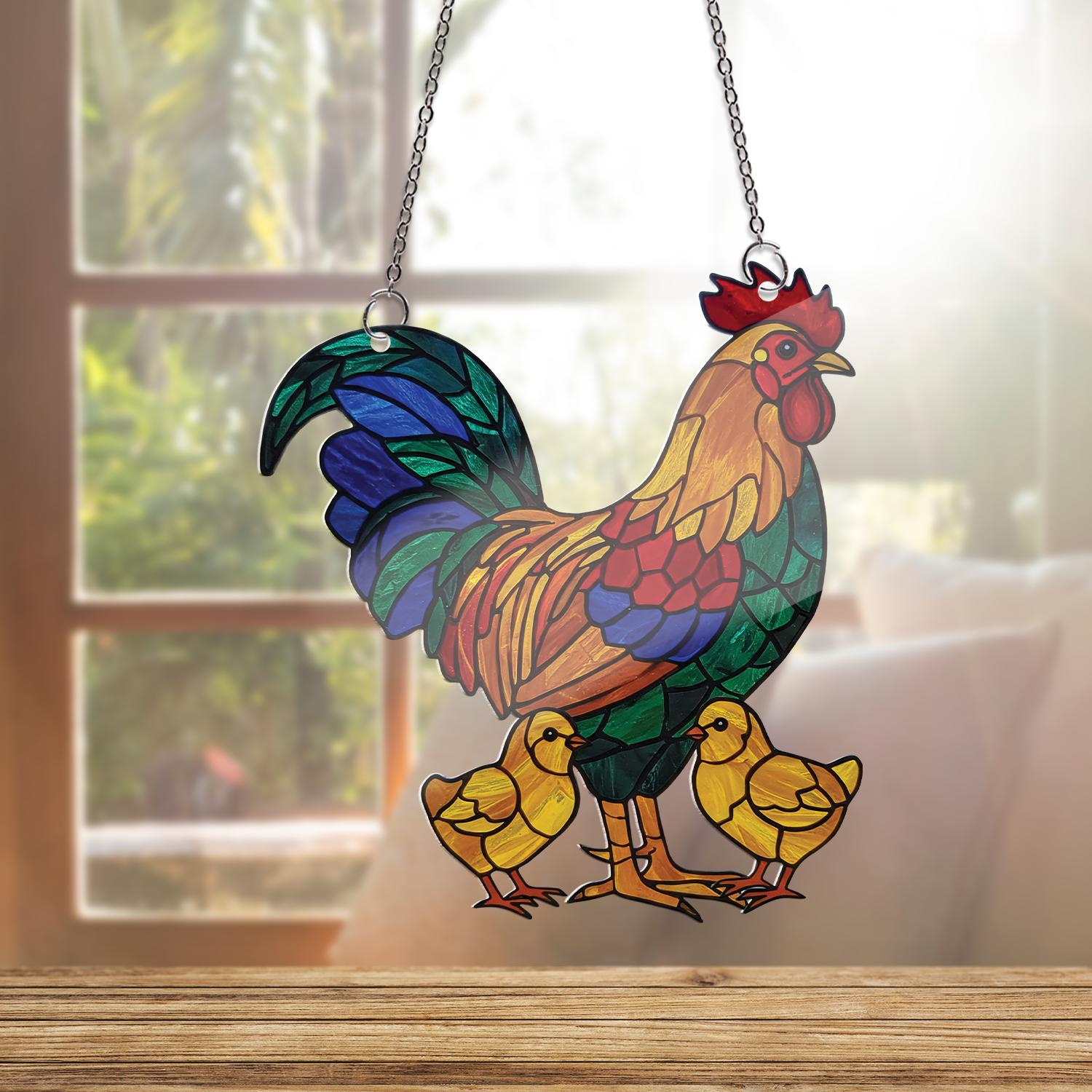 Rooster and Chicks ACRYLIC Window Hanging, Farm Animal Decor, Colorful Chicken Window Art, Country Kitchen Gift, Rustic Panel, Gift For Mom