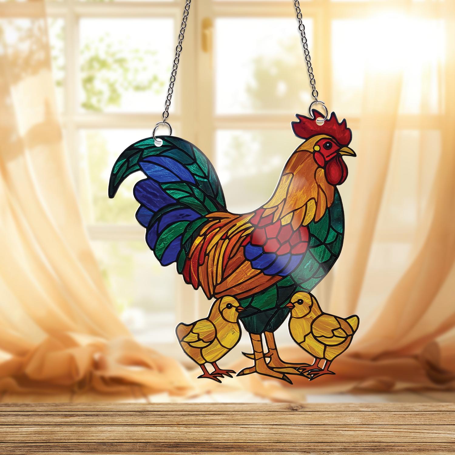 Rooster and Chicks ACRYLIC Window Hanging, Farm Animal Decor, Colorful Chicken Window Art, Country Kitchen Gift, Rustic Panel, Gift For Mom