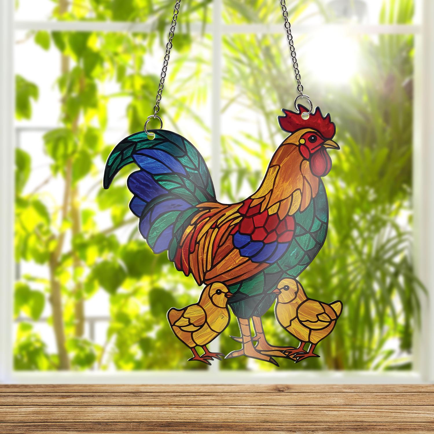 Rooster and Chicks ACRYLIC Window Hanging, Farm Animal Decor, Colorful Chicken Window Art, Country Kitchen Gift, Rustic Panel, Gift For Mom
