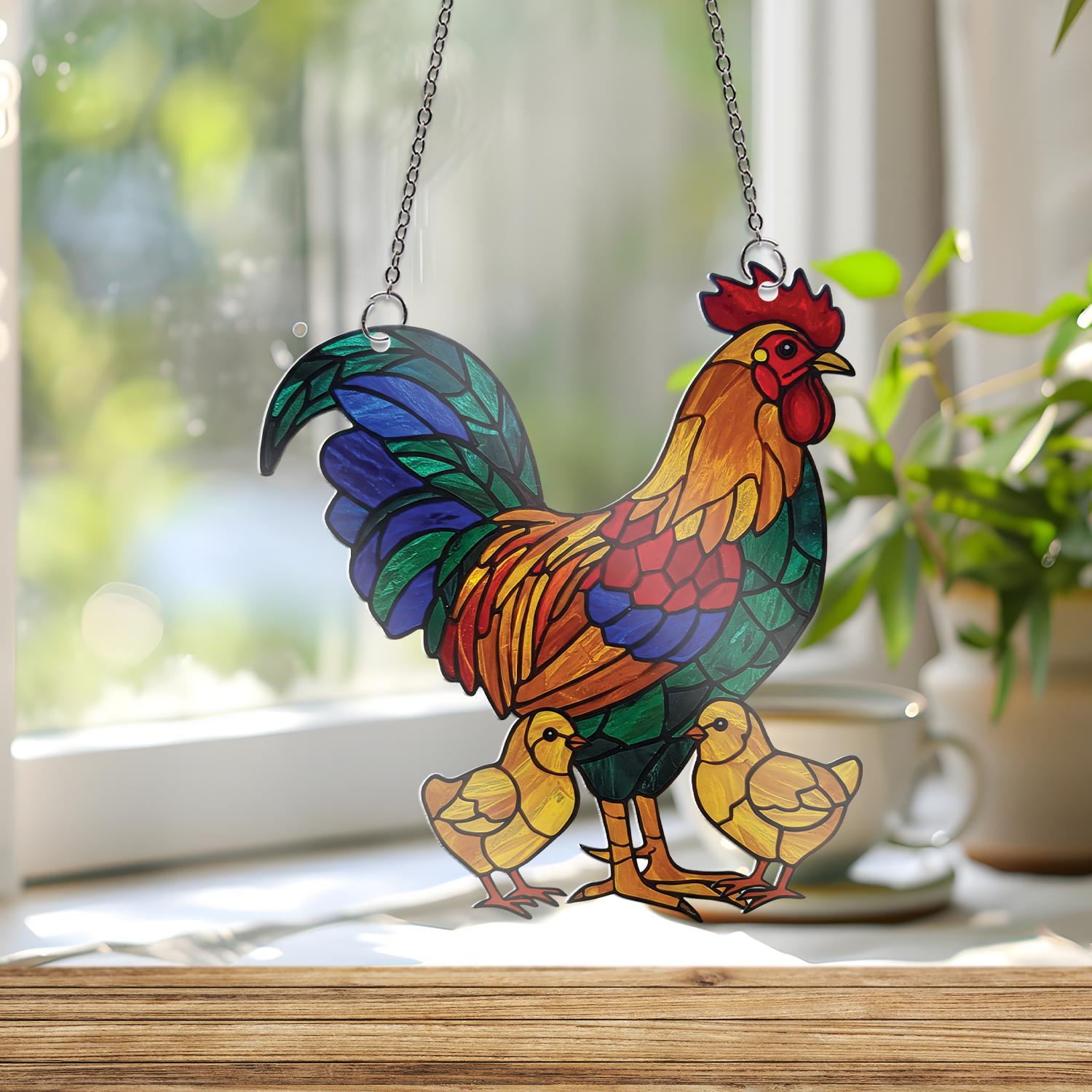 Rooster and Chicks ACRYLIC Window Hanging, Farm Animal Decor, Colorful Chicken Window Art, Country Kitchen Gift, Rustic Panel, Gift For Mom