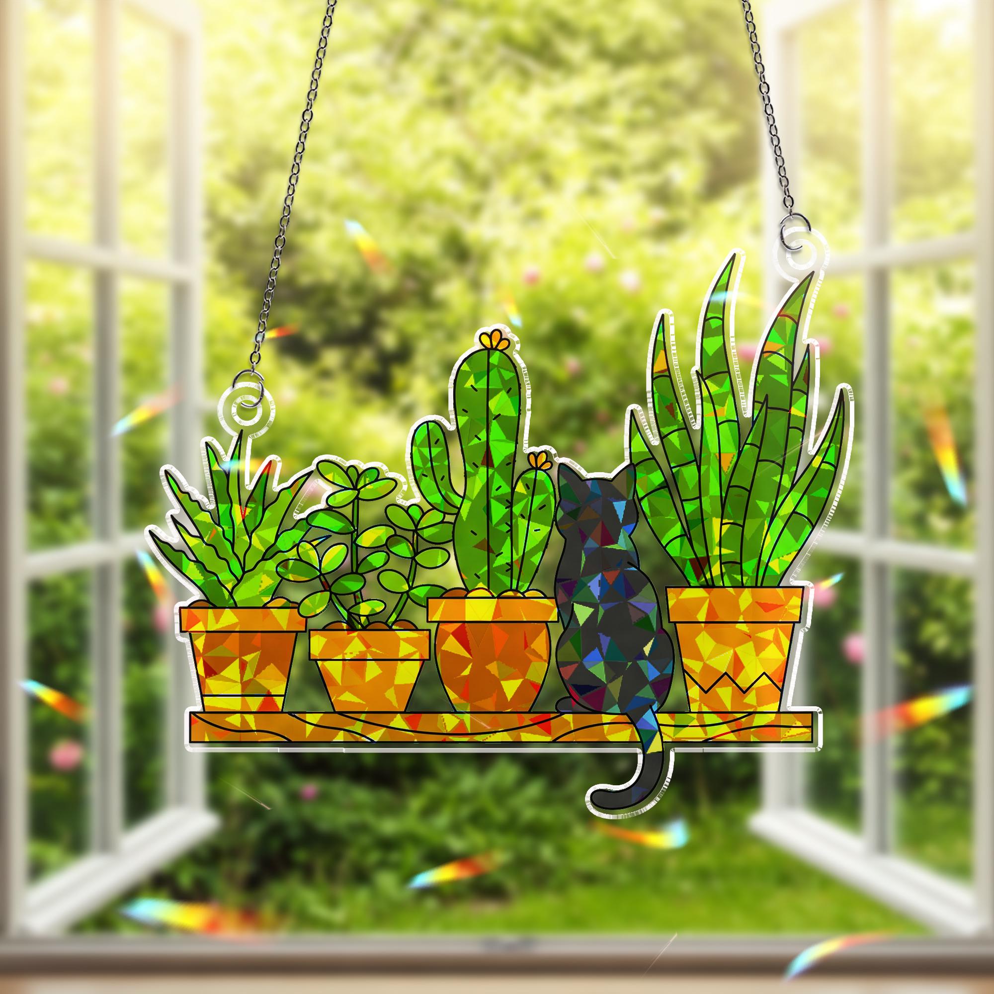 Black Cat and Potted Plants ACRYLIC Window Hanging, Garden Mom Hologram Ornament, Plant Lover Cat Mom Gift Home Window Decor, Mother's Day
