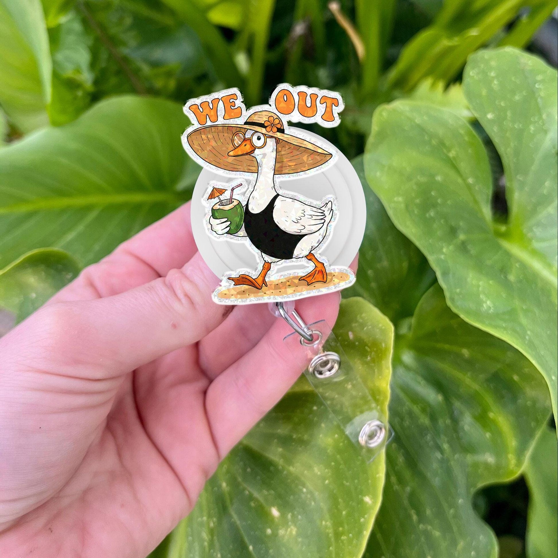 Funny Teacher Summer Badge Reel, We Out Silly Goose ID Clip, School’s Out Gift, Beach Vacation Badge Holder for Educators